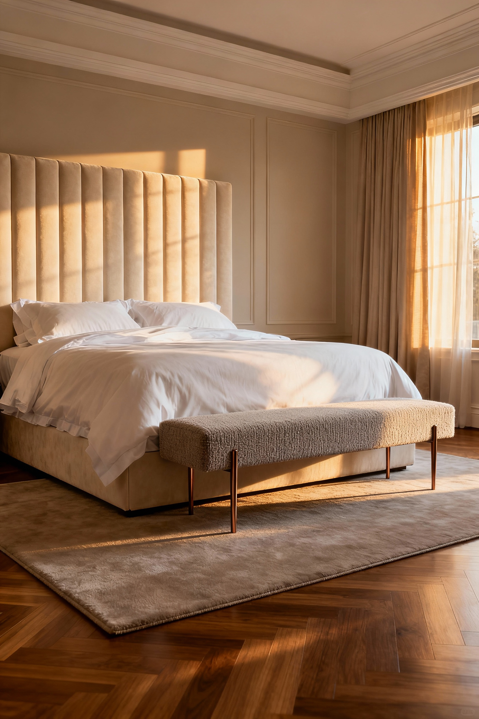 A luxury bedroom design showcasing a king bed anchored by a perfectly proportioned taupe boucle bench positioned at the foot, demonstrating ideal placement for visual balance.