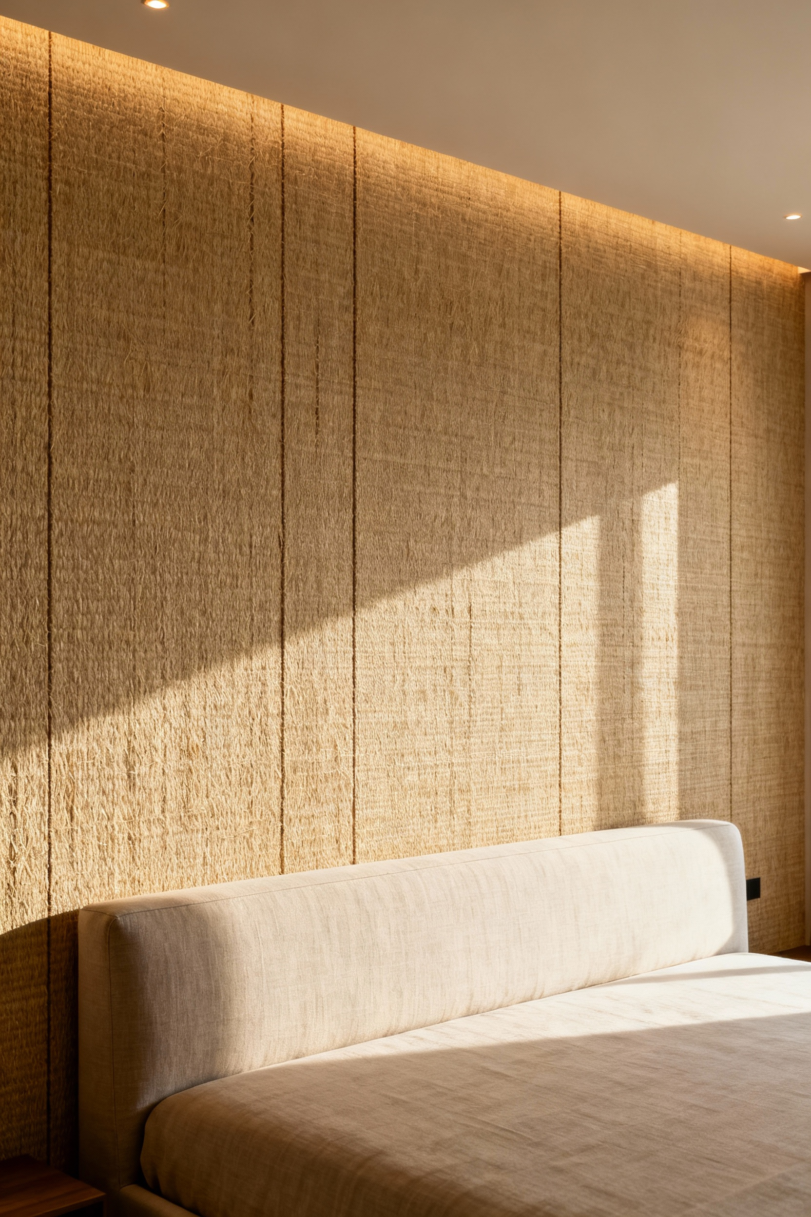 A master bedroom wall covered in textured pale taupe grasscloth wallpaper, emphasizing the quiet luxury aesthetic and hand-woven imperfections of the natural fiber covering.