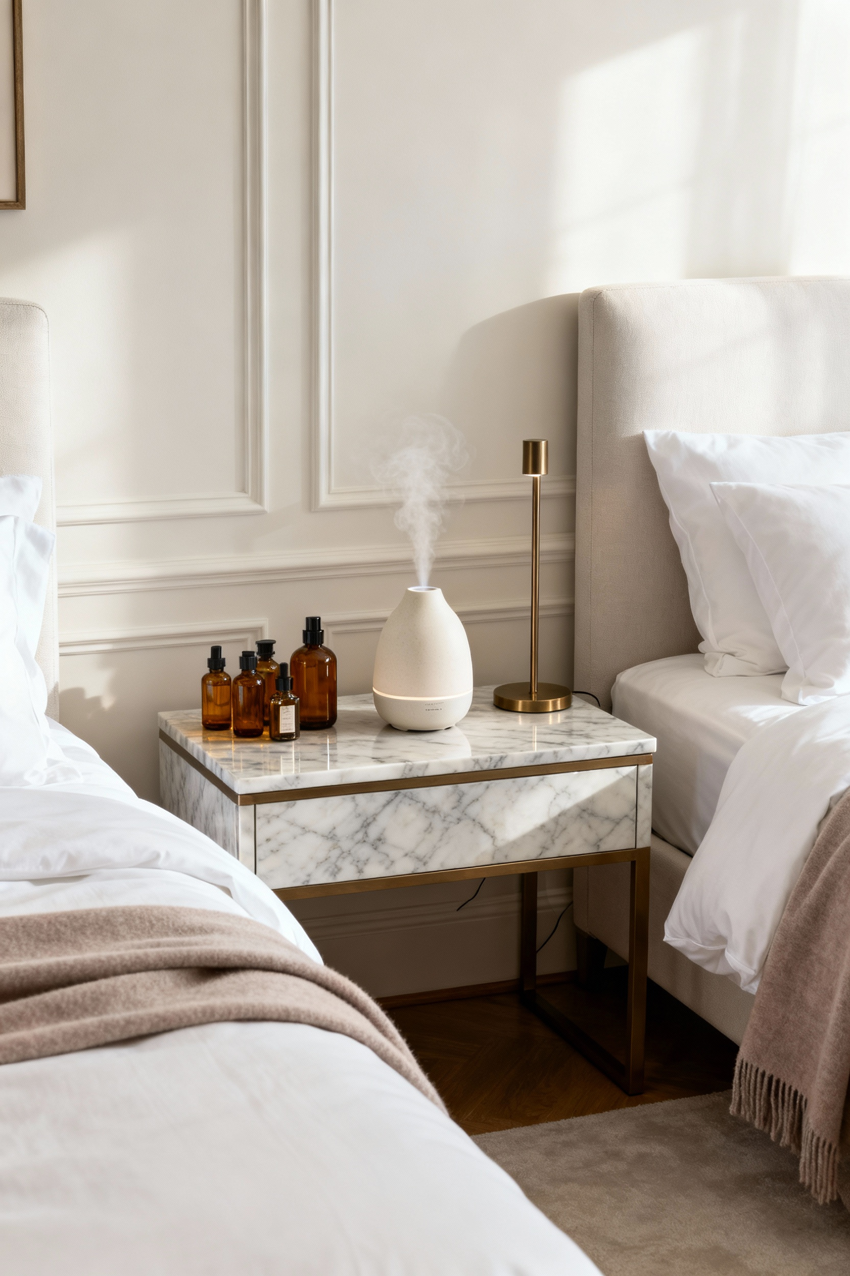 A serene luxury bedroom scene showing a marble nightstand with an elegant ultrasonic diffuser and fragrance bottles, illustrating the concept of scentscaping for rest and emotional connection.