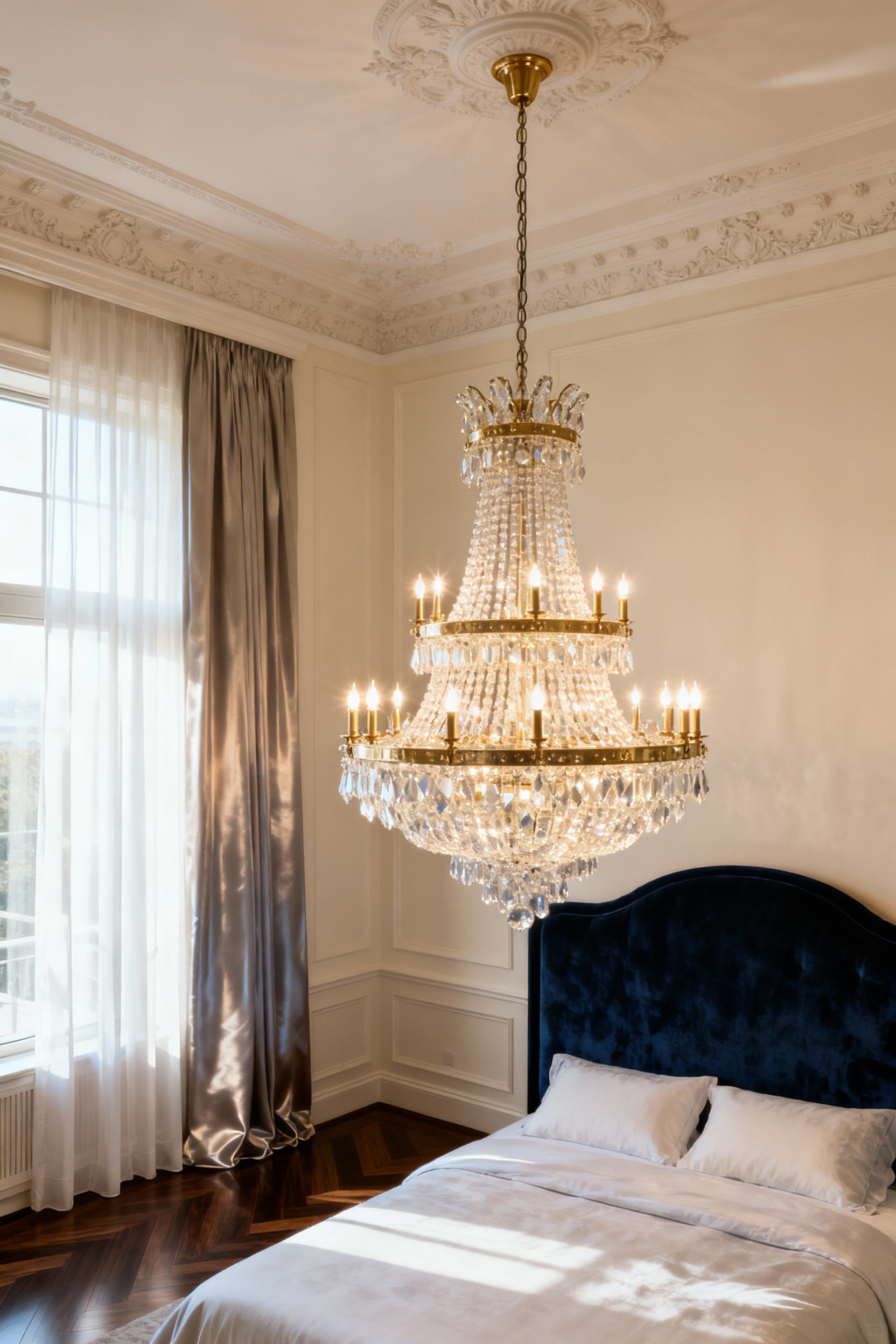 A grand luxury master bedroom featuring a large, brilliant multi-tiered crystal chandelier hanging centrally over a king bed with a deep navy velvet headboard, illustrating perfect scale and opulence.
