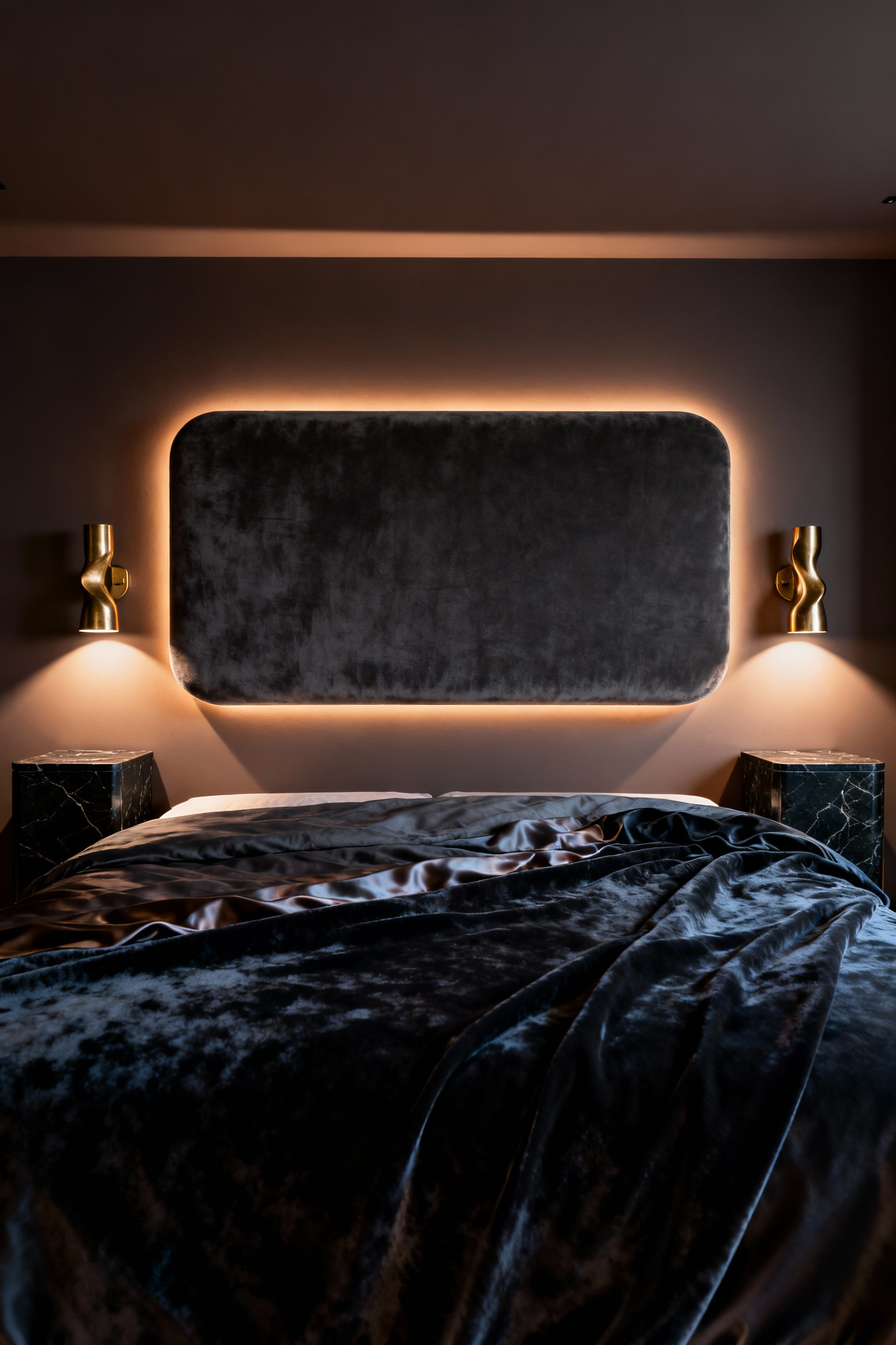 A sophisticated luxury bedroom featuring a layered lighting system, including soft ambient LED light behind a floating headboard and elegant brass bedside sconces, creating a moody, upscale atmosphere.