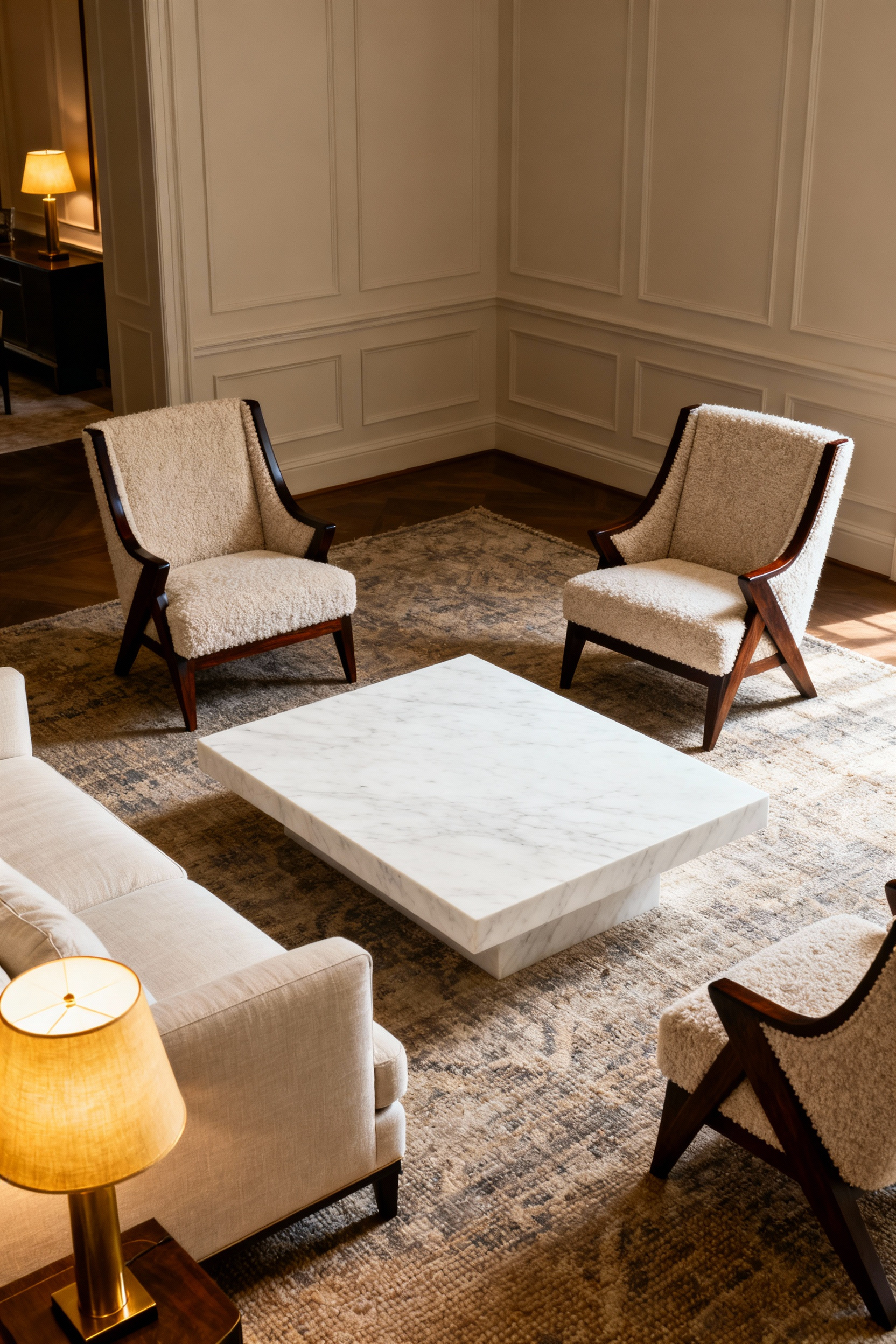 Luxurious transitional living room illustrating a conversation circle setup, with two occasional chairs strategically angled inward and positioned intimately across a marble coffee table from the sofa.