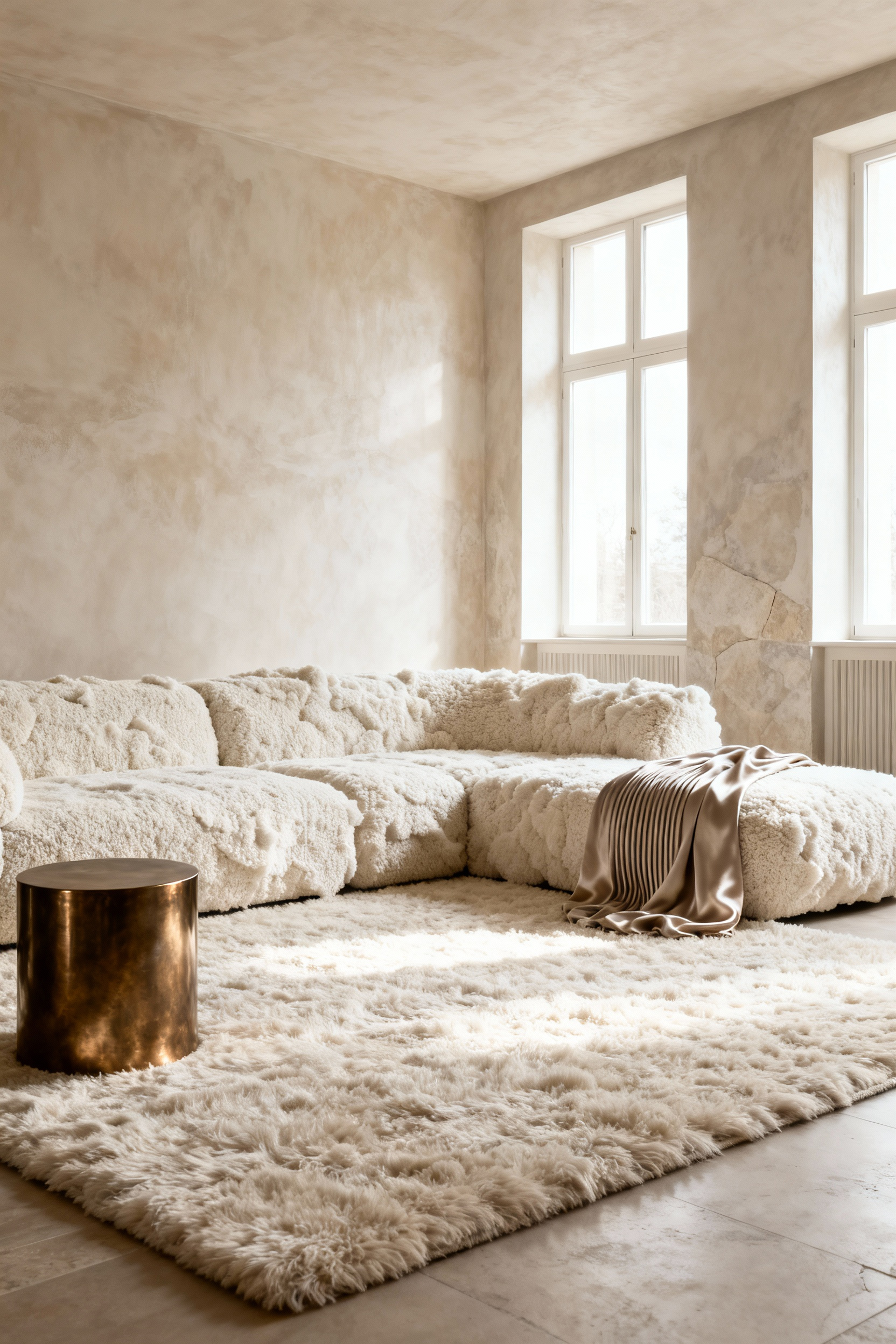 A luxurious, monochromatic cream and white living room interior demonstrating the 60-30-10 design rule applied to textural variations, including matte plaster walls, a low-loop wool rug, and highly reflective bronze accents.