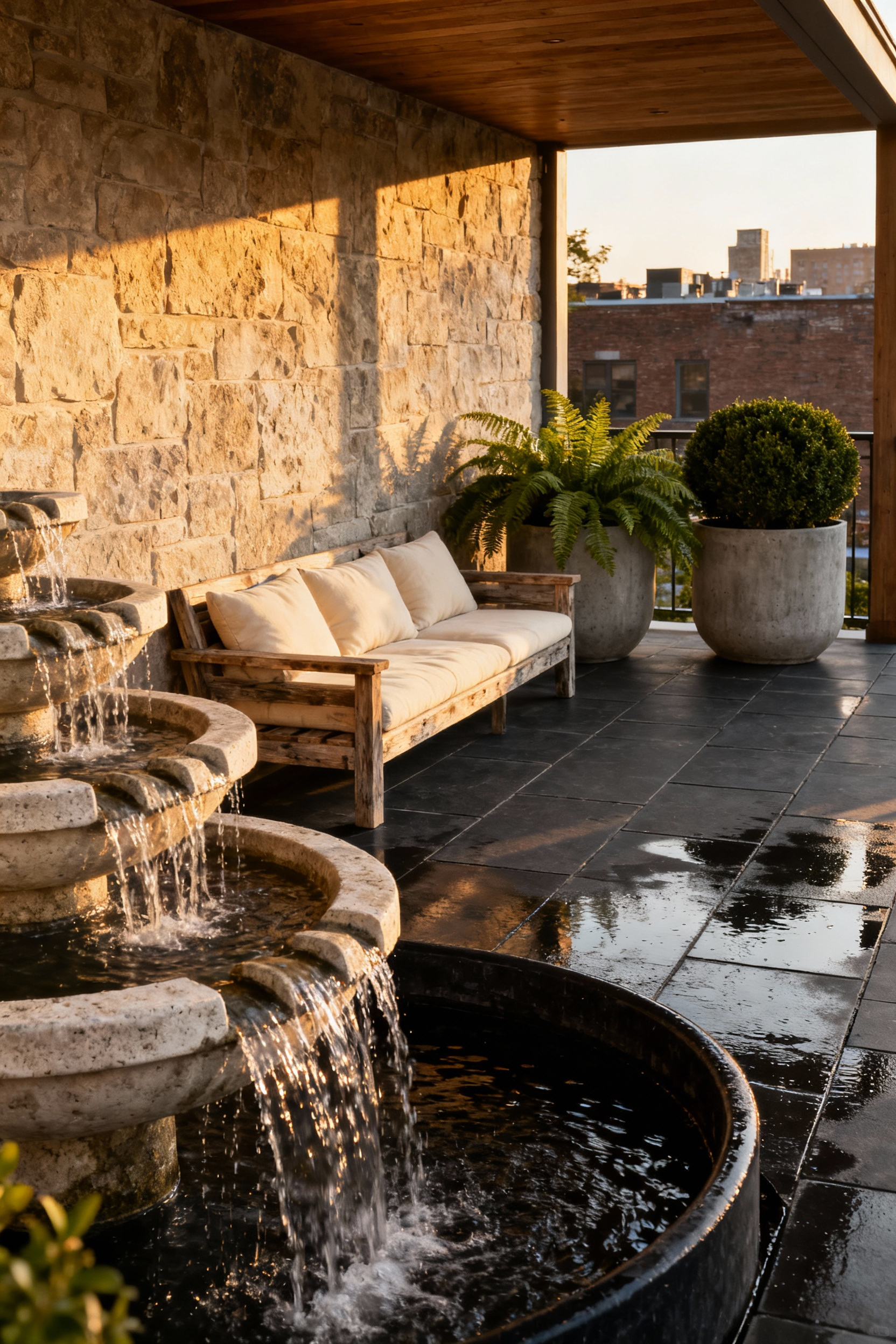 A luxurious covered back porch featuring a cascading limestone scupper fountain strategically placed next to teak furniture to provide white noise and mask surrounding urban traffic sounds.