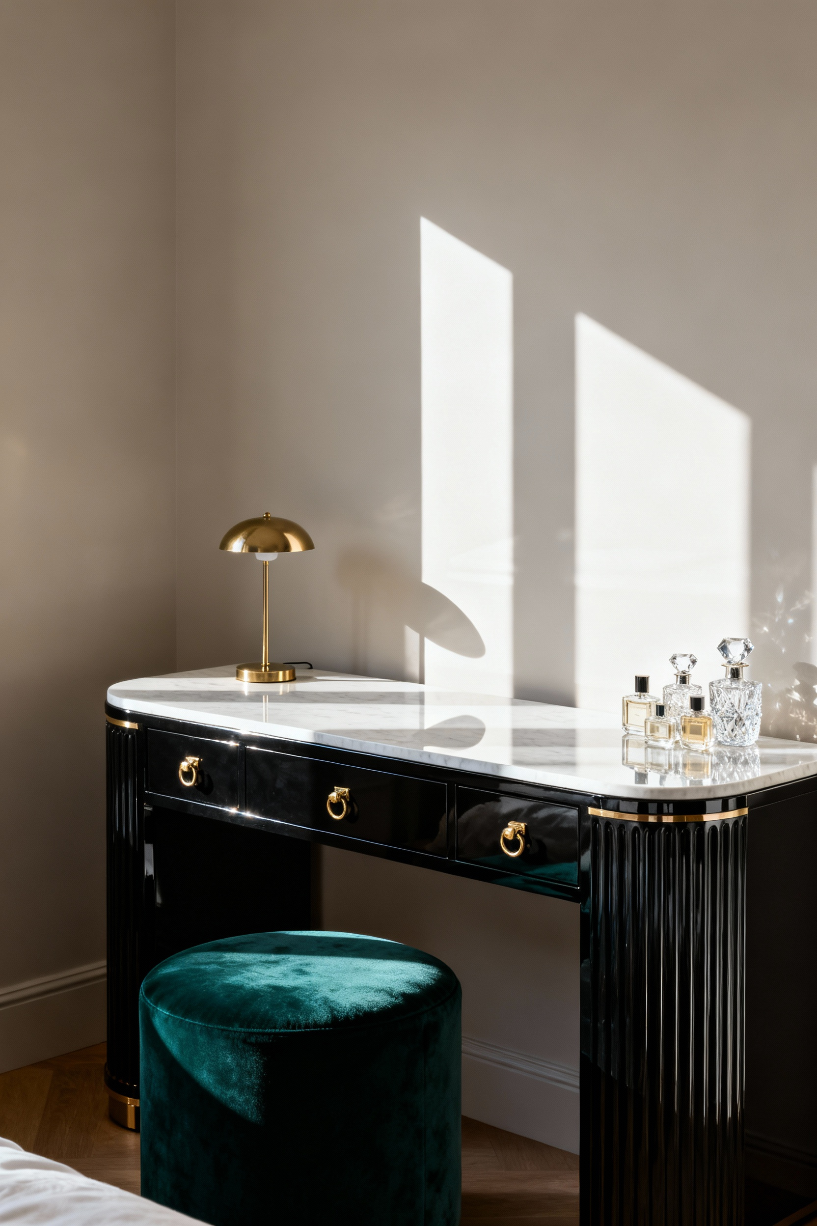 A high-gloss black lacquer Art Deco vanity table with polished brass hardware and a white marble top, styled as a dedicated grooming sanctuary within a luxurious master bedroom setting.