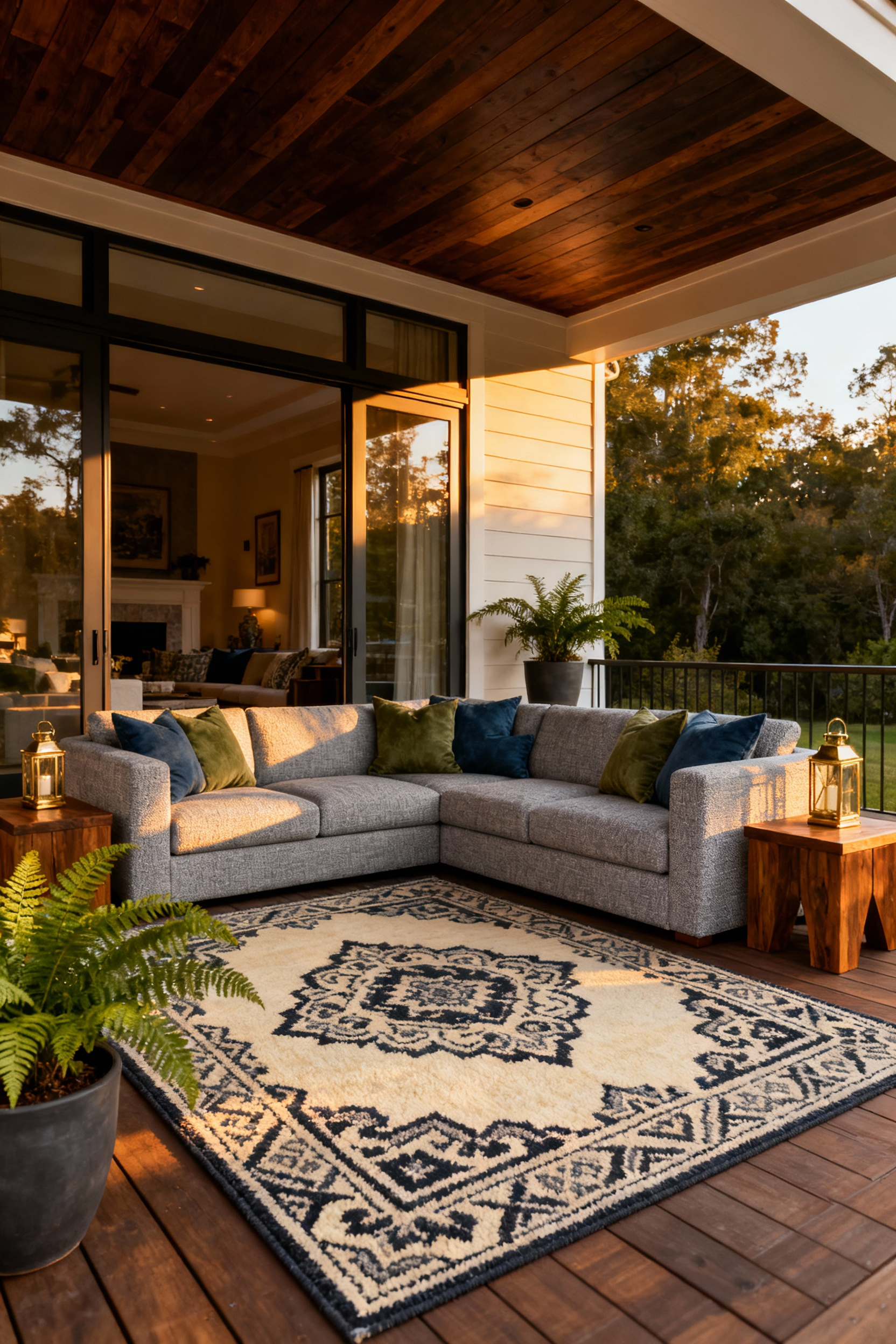 A photograph of a luxurious, covered back porch decorated like a seamless indoor drawing room, featuring a deep upholstered modular sectional sofa, a sophisticated patterned area rug, and seamless transition through wide open sliding glass doors.