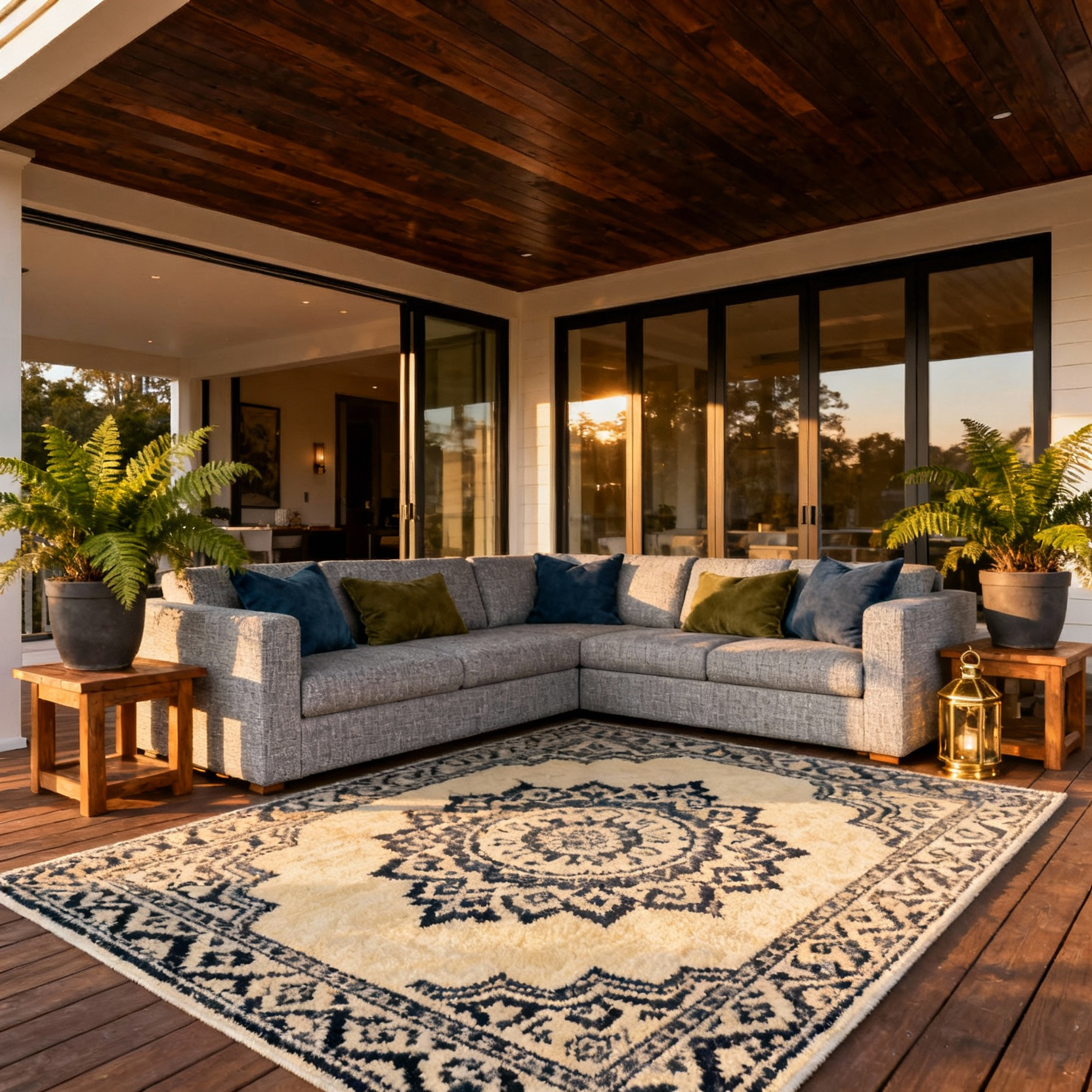 A photograph of a luxurious, covered back porch decorated like a seamless indoor drawing room, featuring a deep upholstered modular sectional sofa, a sophisticated patterned area rug, and seamless transition through wide open sliding glass doors.