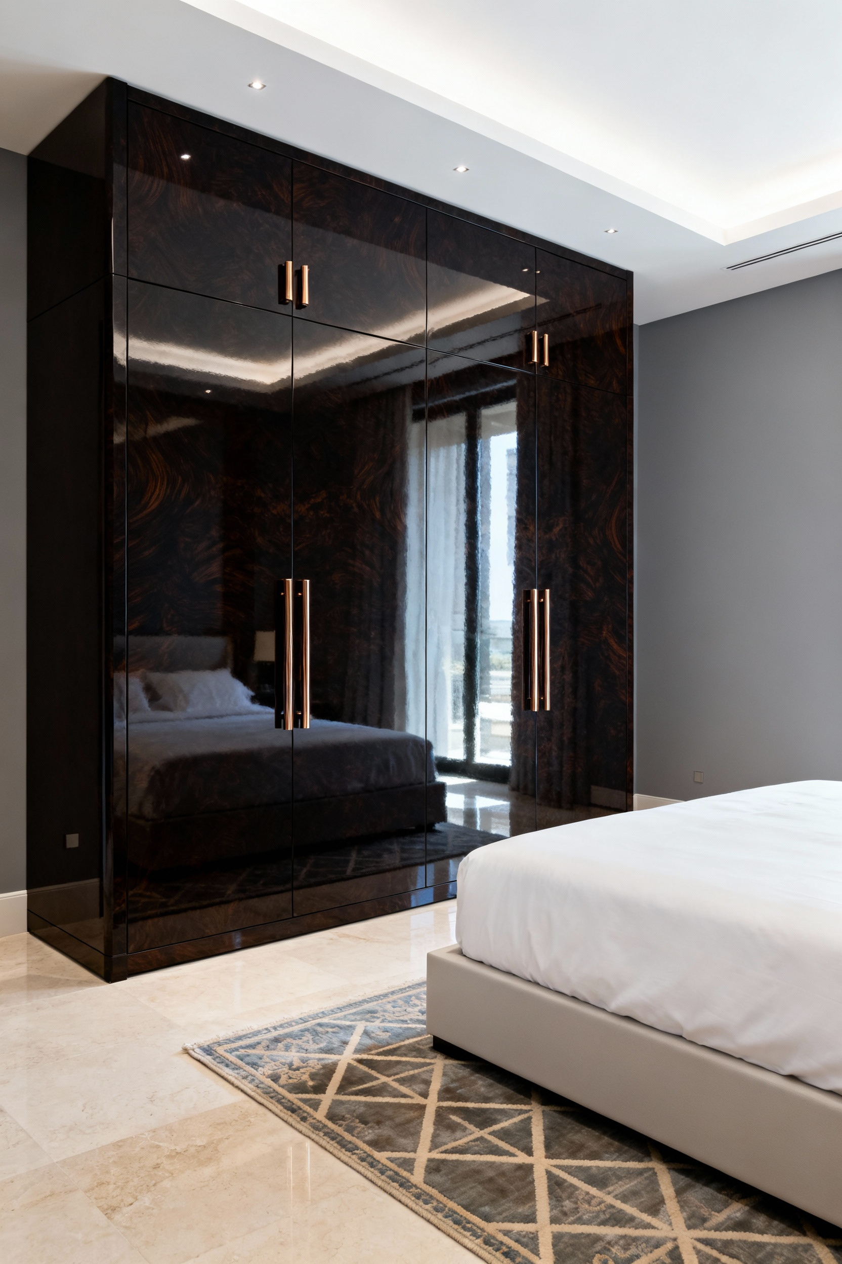 A high-end luxury bedroom featuring a custom, floor-to-ceiling armoire with exotic Macassar ebony veneer that acts as a sophisticated, architectural statement piece for storage.