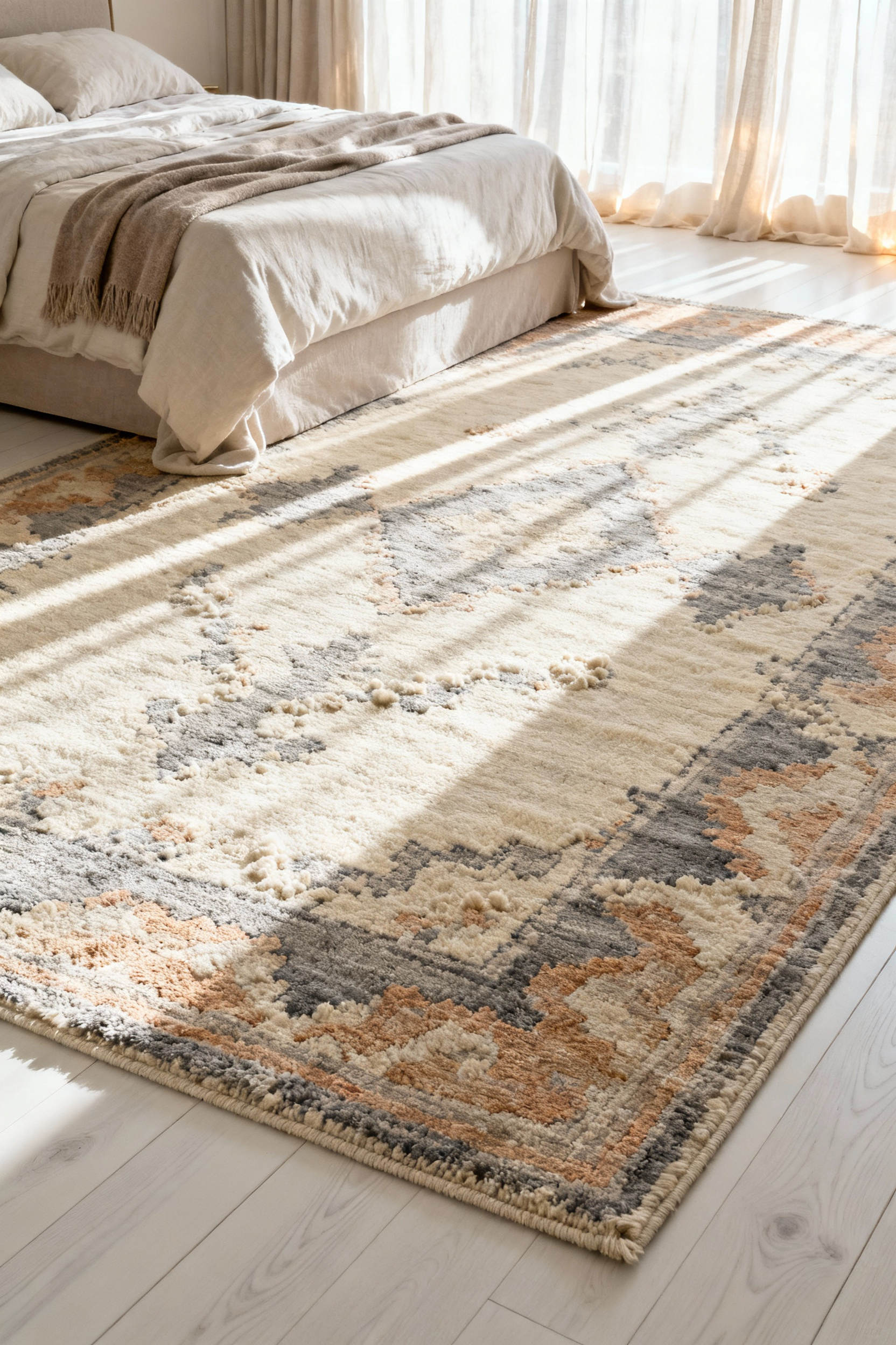 Dense hand-knotted wool and silk rug anchoring a luxurious master bedroom with diffused natural light and high-end tailored furniture.