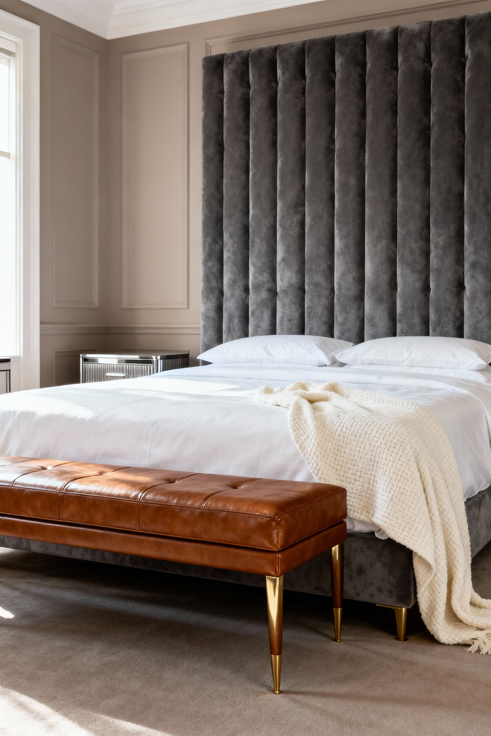 A luxury transitional bedroom featuring a dramatic charcoal velvet headboard and a contrasting cognac leather end-of-bed bench with brass legs, demonstrating material texture contrast in high-end design.