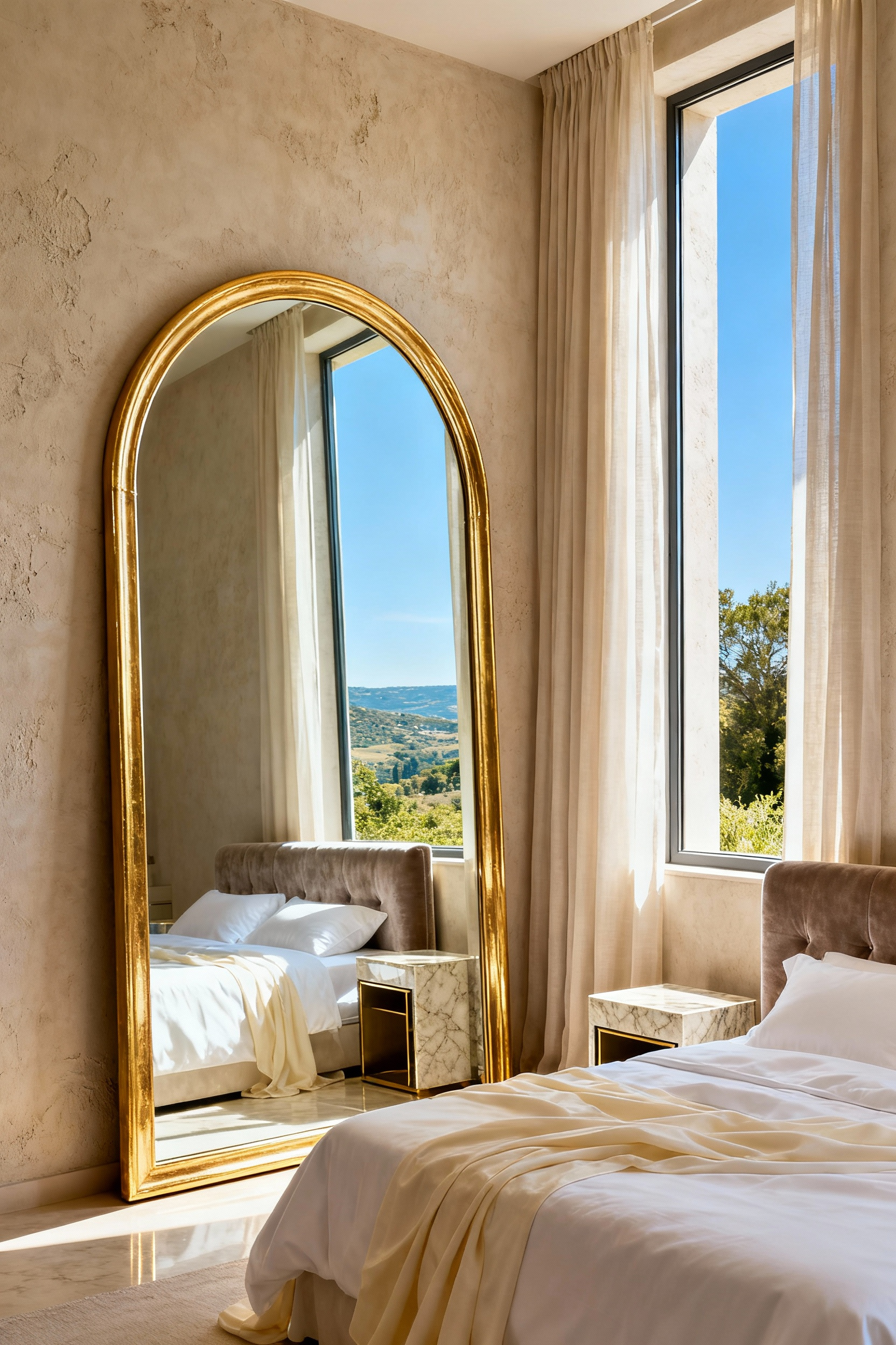 An oversized arched gold floor mirror reflecting natural light from a large window in a luxurious, airy bedroom featuring high-end cream and white furniture.