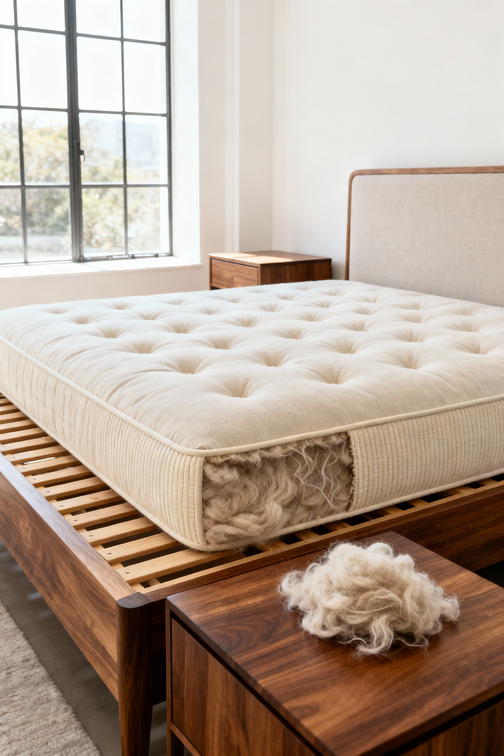 A photograph of a bespoke luxury king mattress in an elegant bedroom setting, subtly revealing the layered composition of thick natural wool and cotton fibers beneath the surface.
