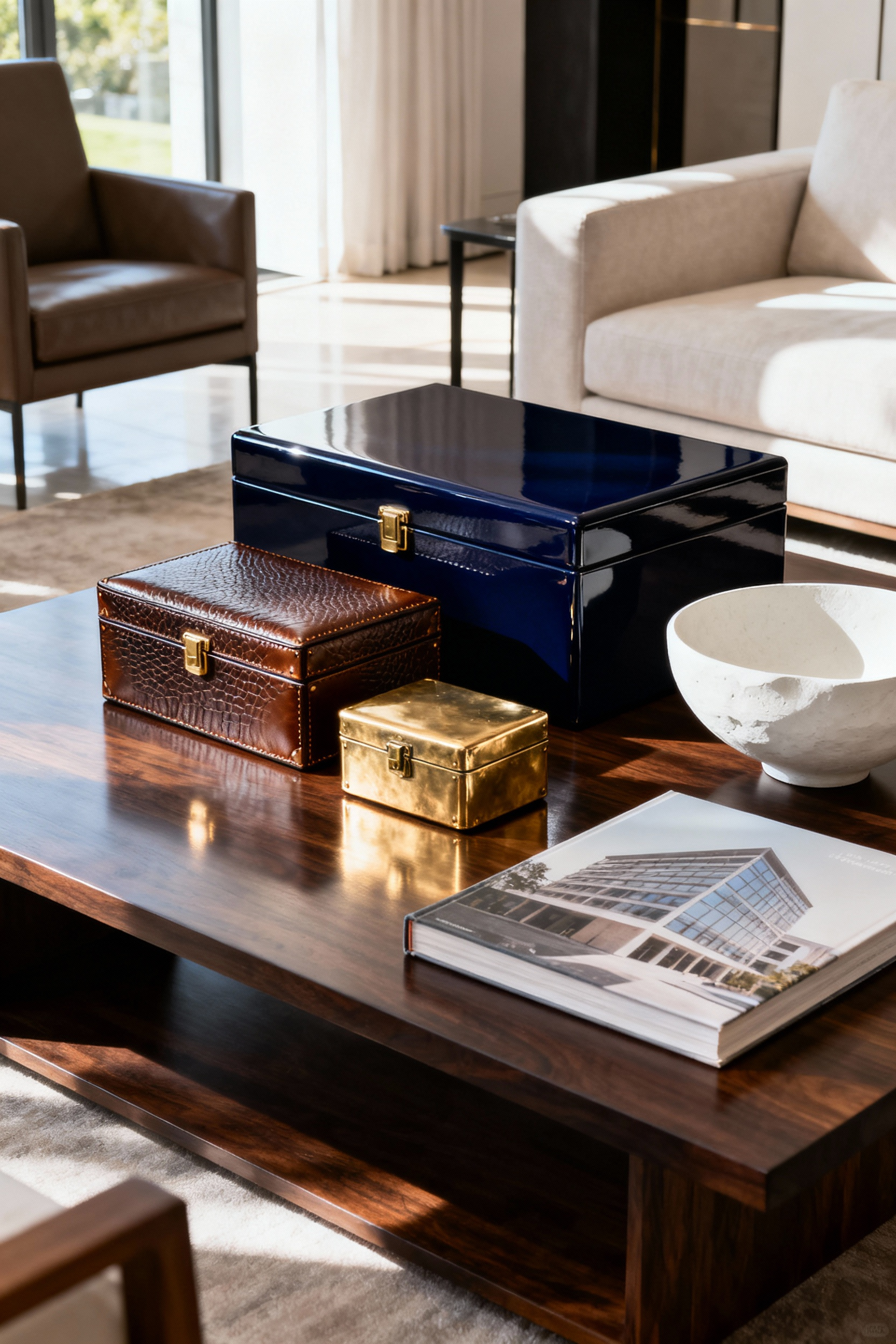 A modern coffee table styled with three investment-worthy lidded boxes made of lacquer, leather, and brass, strategically used to conceal daily necessities and elevate the surface into a curated, architectural display.