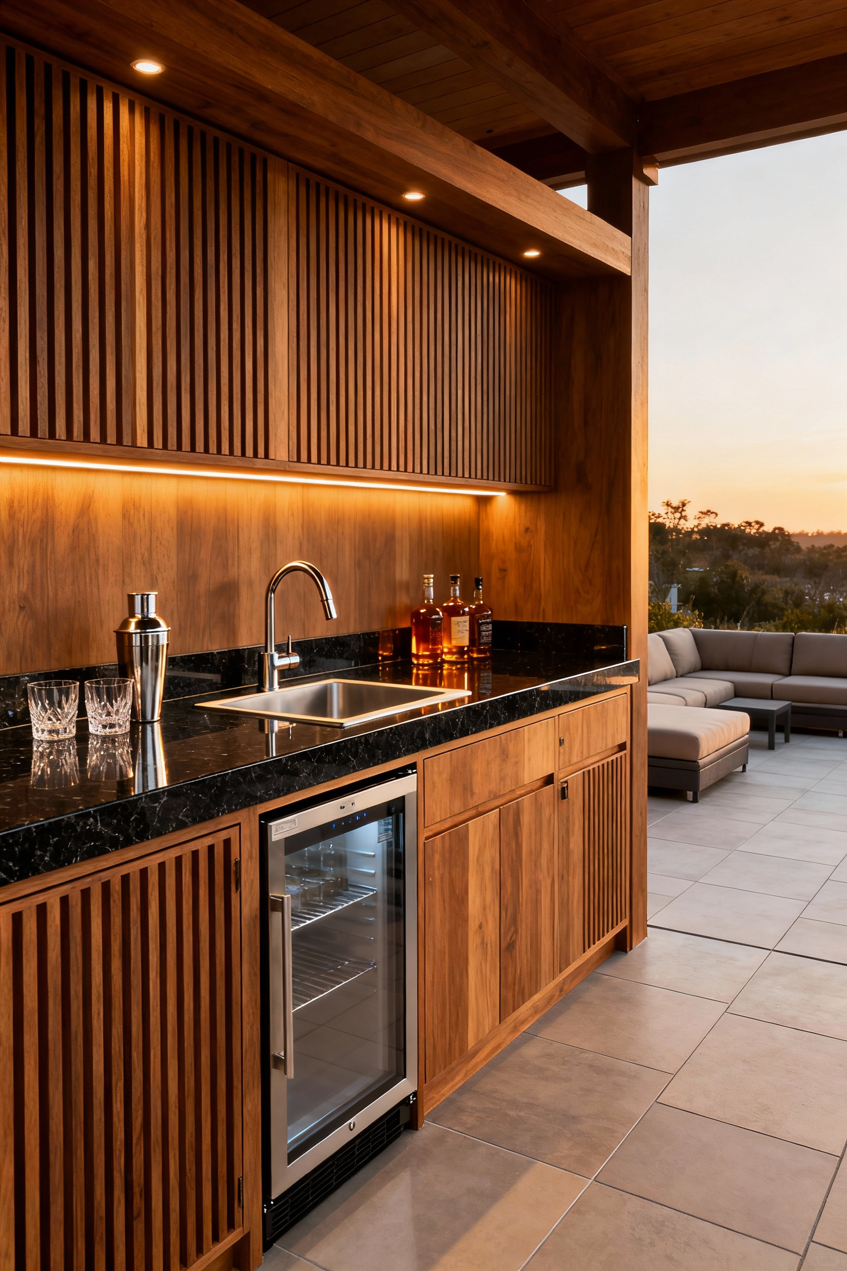 A sophisticated, permanent outdoor beverage center featuring a dark granite countertop, closed teak cabinetry, marine-grade stainless steel appliances, and elegant crystal glassware, designed for a luxury back porch.