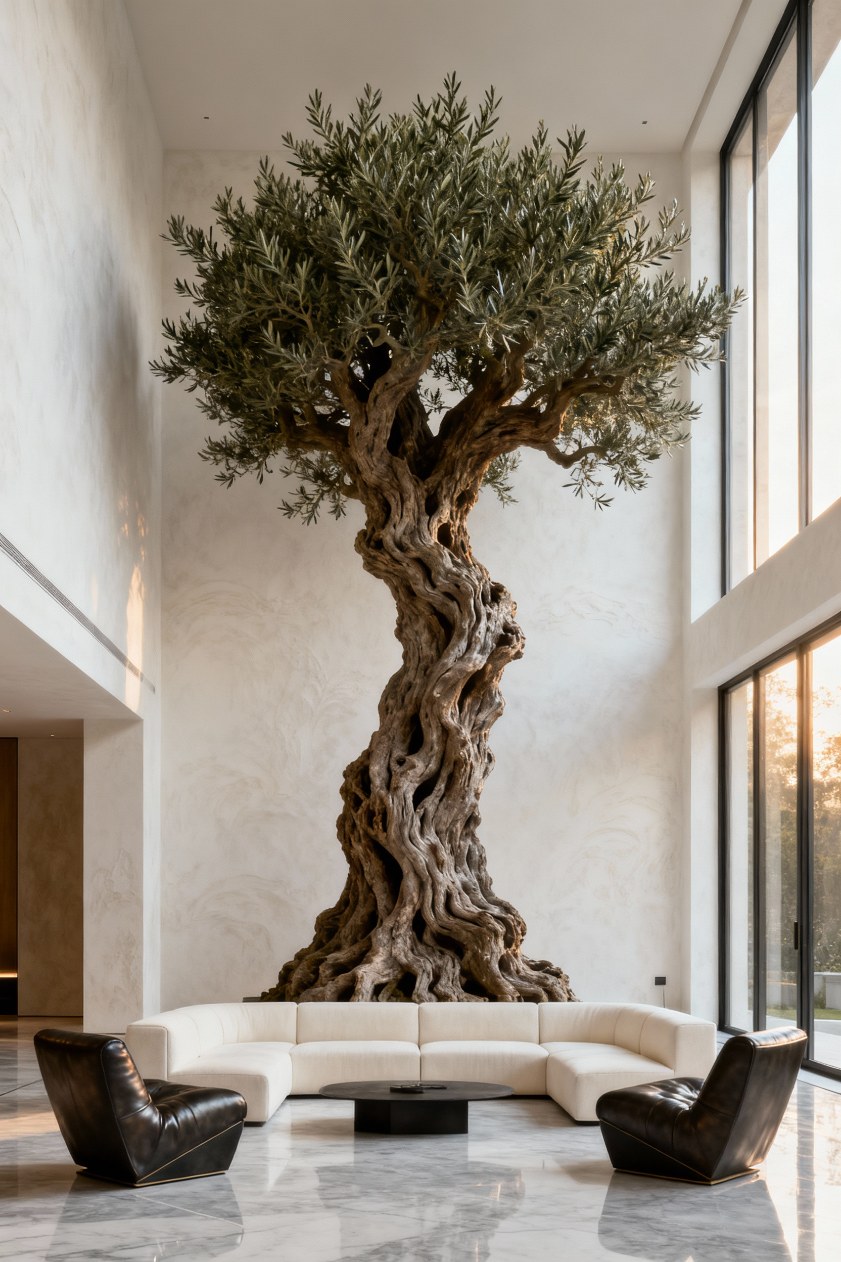 A preserved 13-foot olive tree stands as a biophilic sculpture centerpiece in a luxurious, contemporary double-height living room with polished floors and minimalist design.