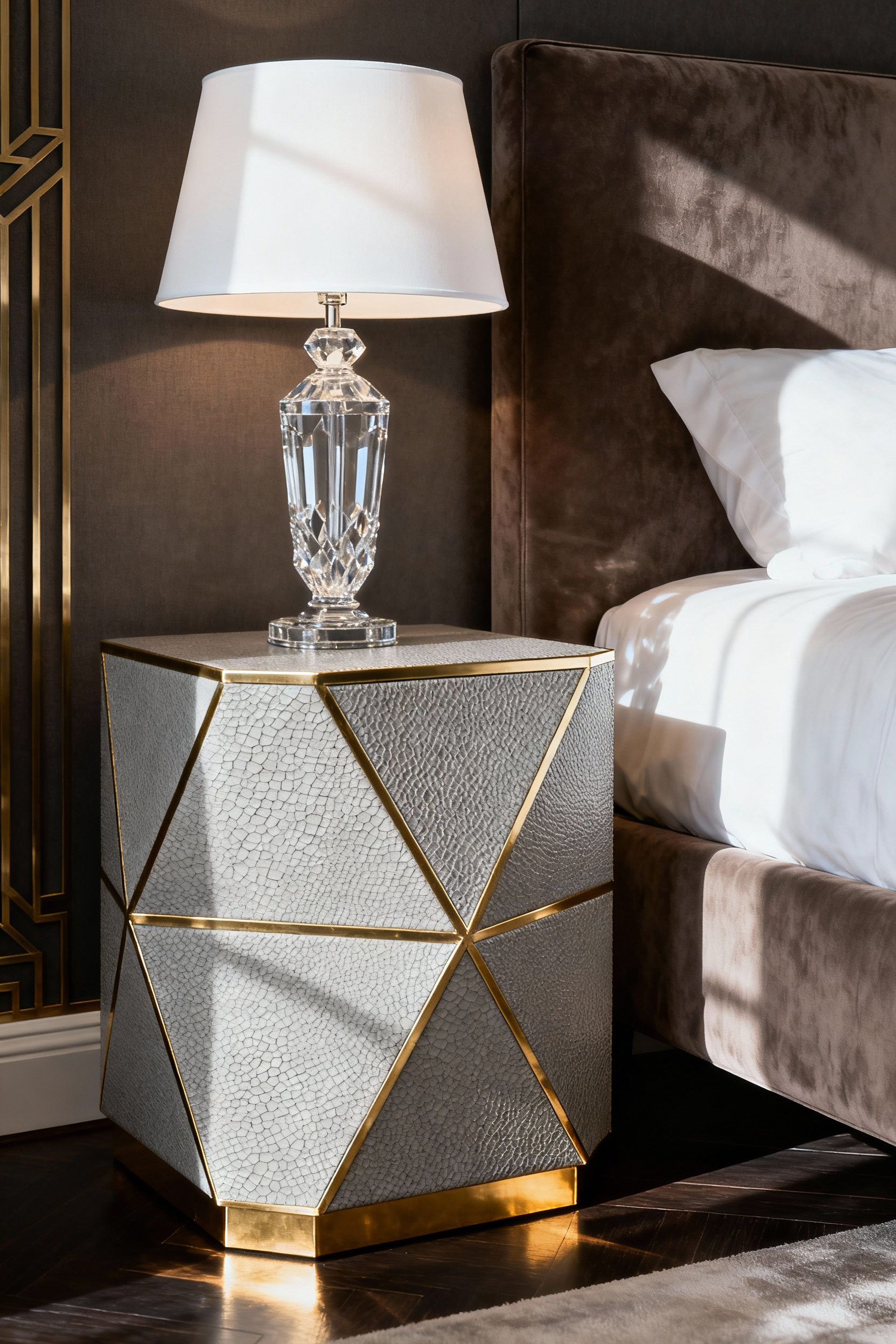 Luxury bedroom occasional table wrapped in textured pale gray shagreen with brushed brass accents next to a taupe upholstered bed, emphasizing high-end Art Deco inspired furniture design.