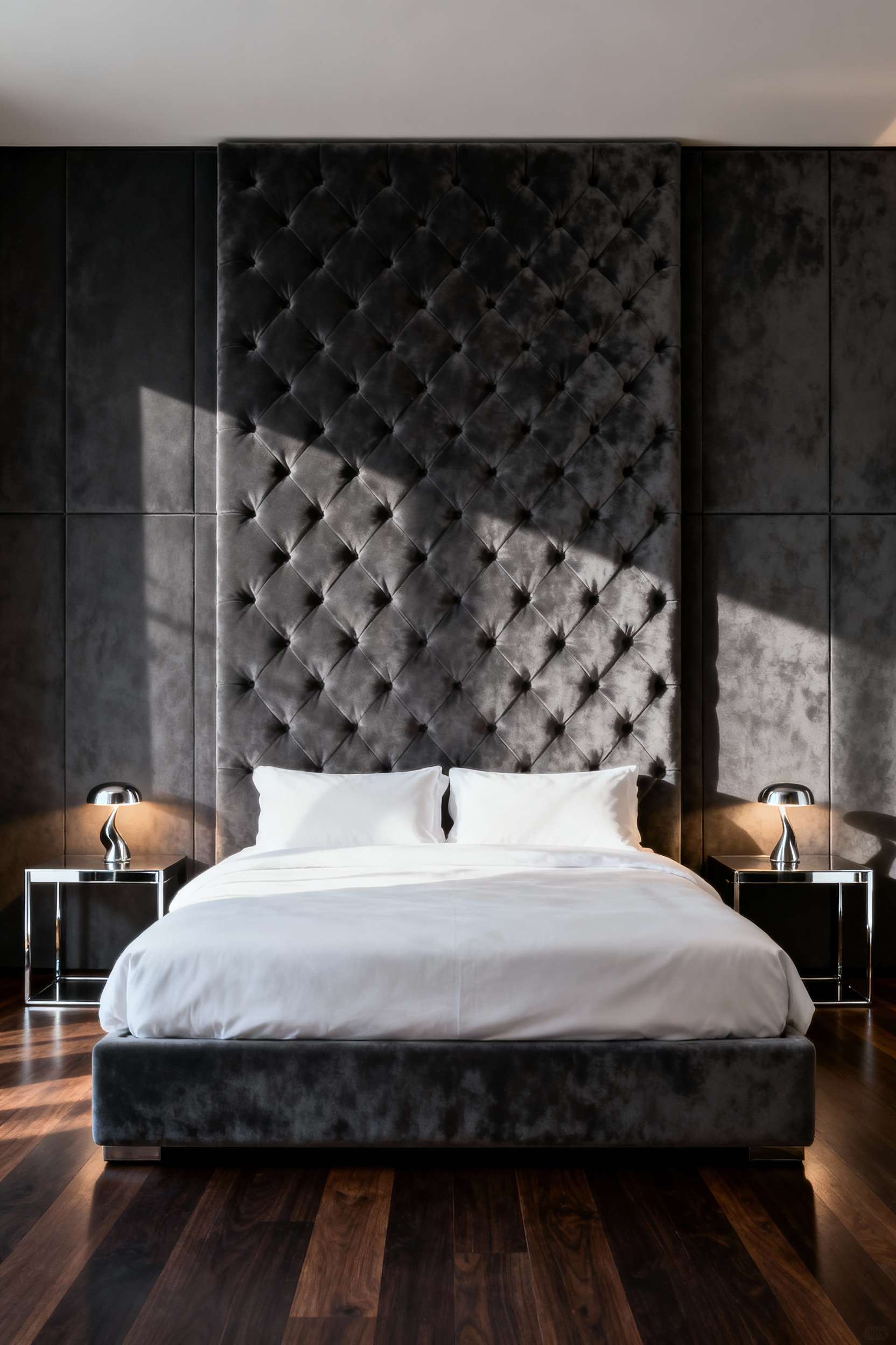 A photograph of a luxury bedroom anchored by a dramatic, floor-to-ceiling, deep charcoal velvet statement headboard with deep diamond tufting, demonstrating oversized scale and proportional drama.
