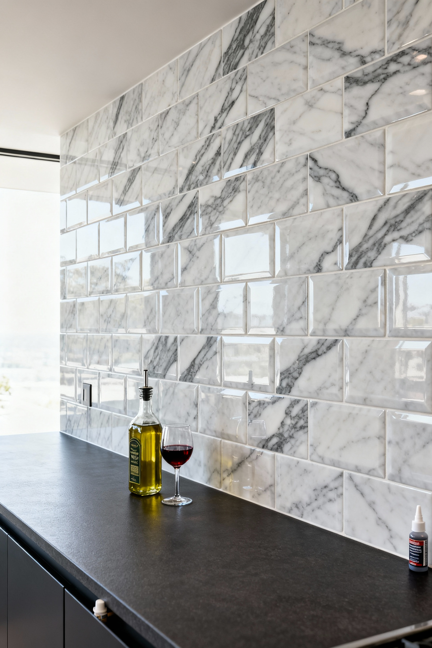 A photograph of a luxury kitchen featuring a polished Carrara marble tile backsplash with a bottle of olive oil and red wine glass nearby, illustrating the required vigilance for maintaining porous natural stone.