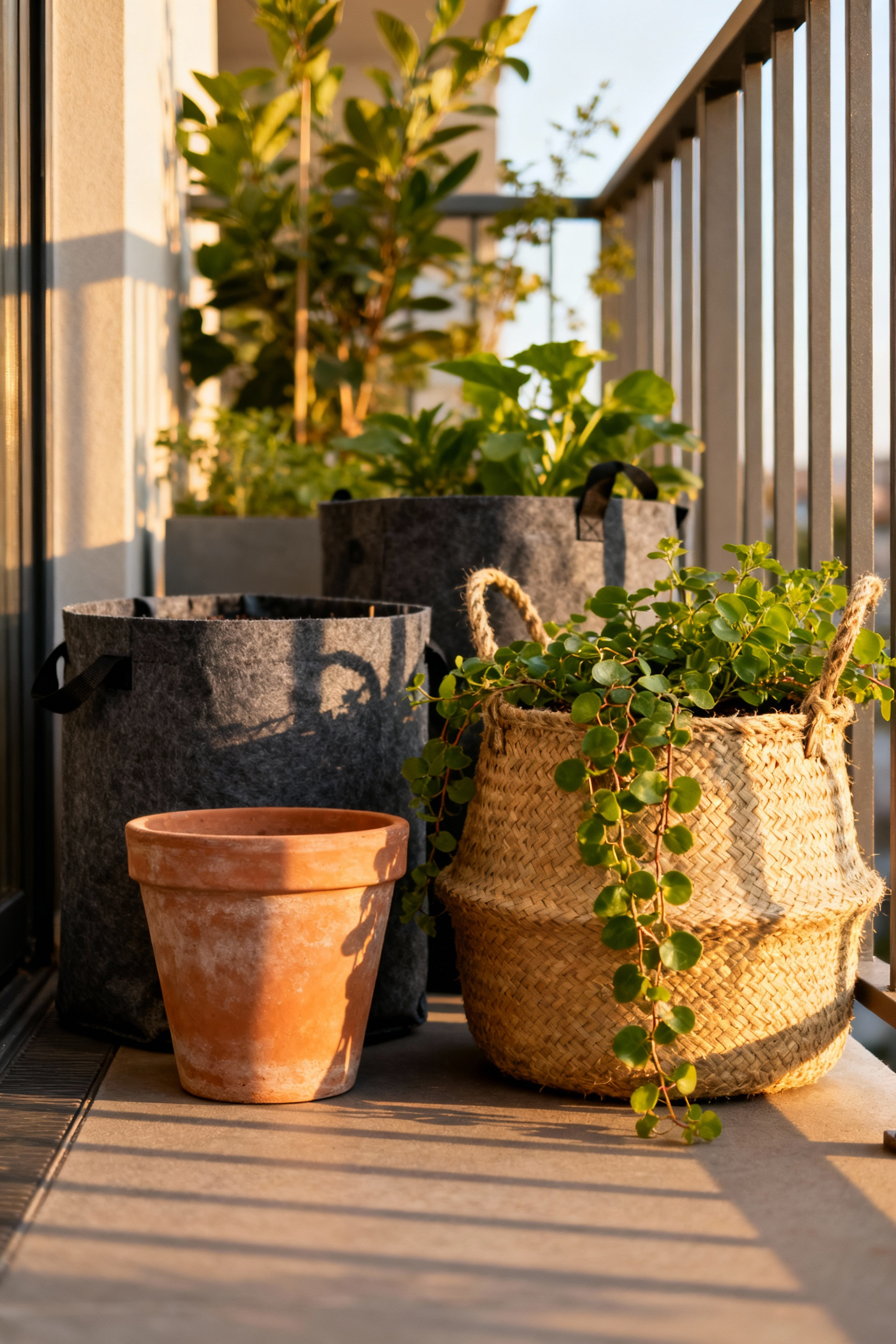 A detailed photograph of an organized urban balcony featuring various breathable planters including unglazed terracotta pots, natural jute baskets, and dark grey fabric grow bags, all supporting healthy plant life.