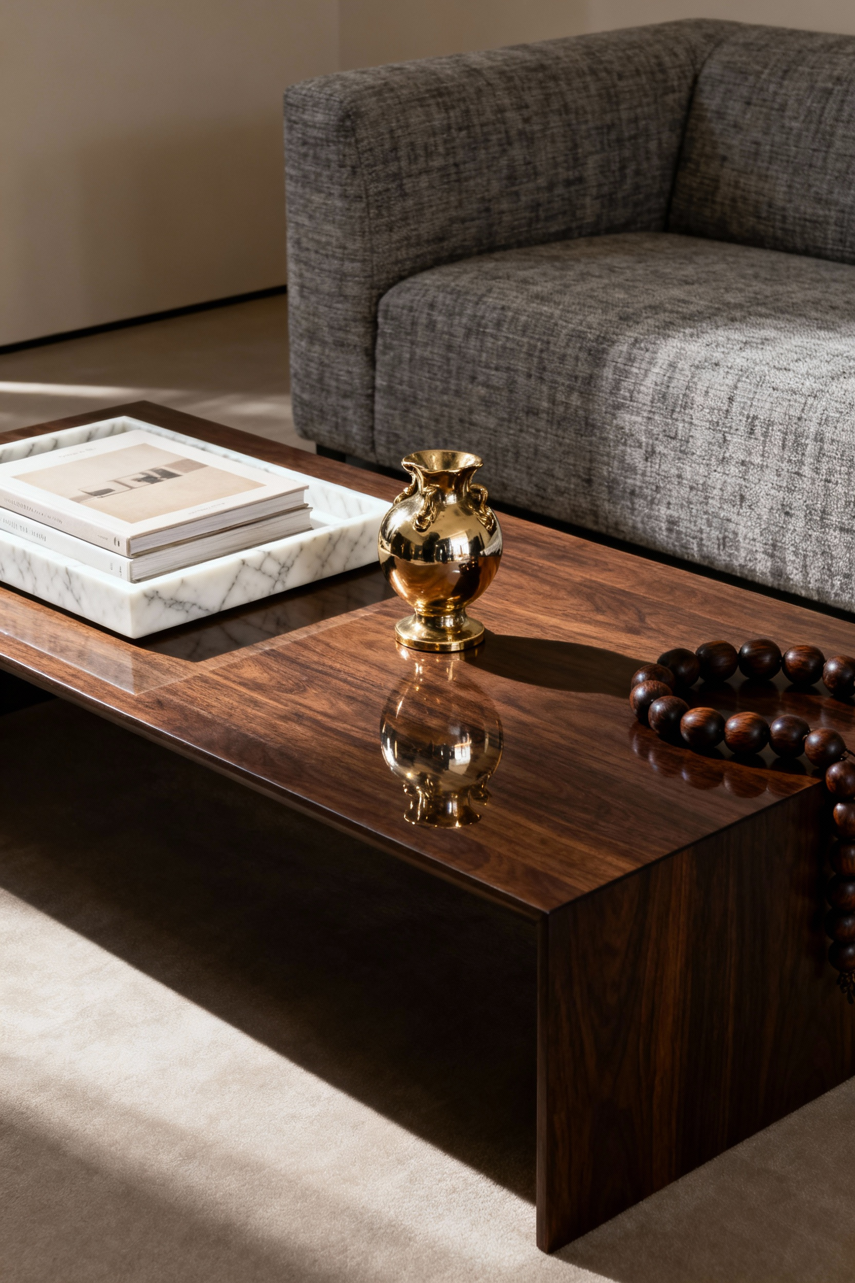 A walnut wood coffee table styled with a reflective brass bowl, a white marble tray, and design books, perfectly illustrating the sophisticated contrast between these three materials.
