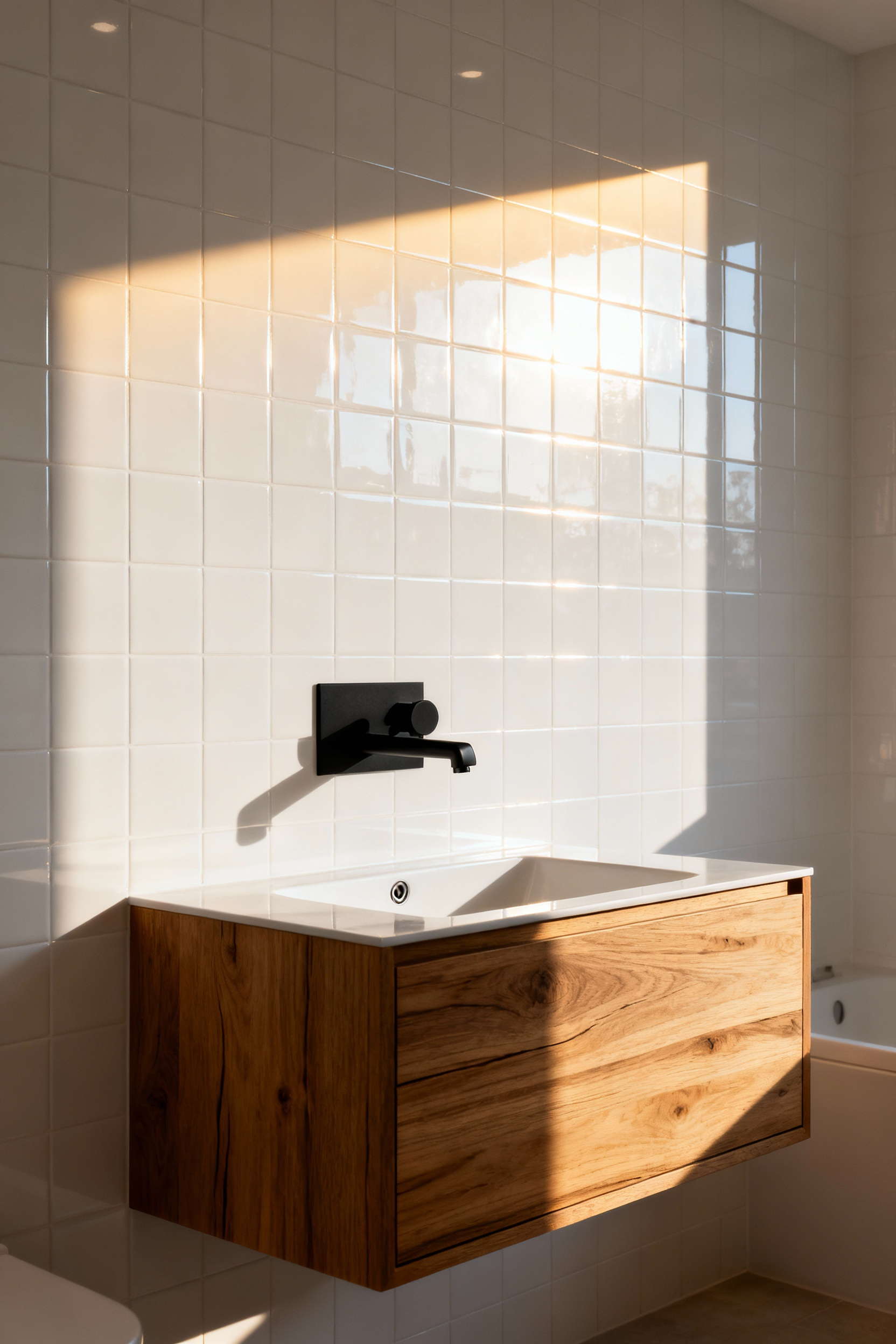Architectural photograph of a modern bathroom featuring a flat matte black wall-mounted faucet set against polished white porcelain tiles, demonstrating sharp visual contrast and light absorption.