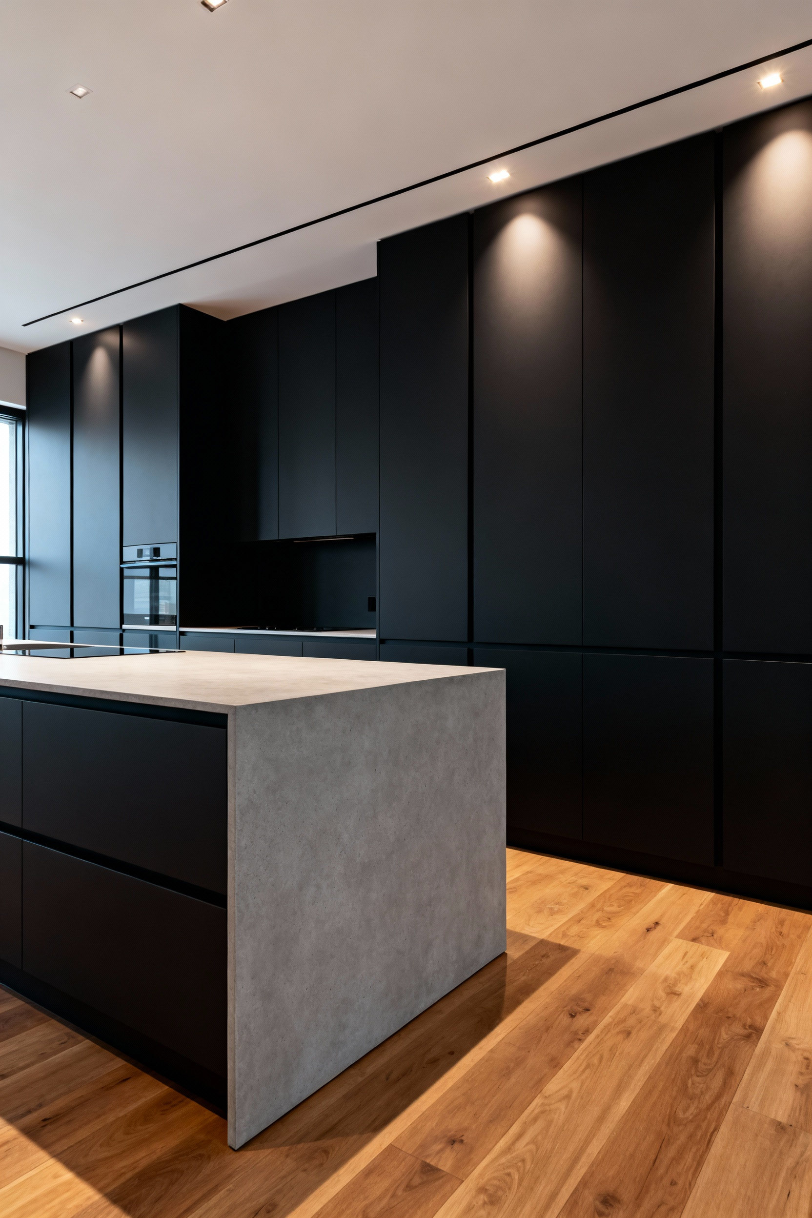Expansive contemporary kitchen featuring slab-style matte charcoal black cabinets designed to absorb light, emphasizing architectural depth and clean lines, contrasted with a light concrete island.