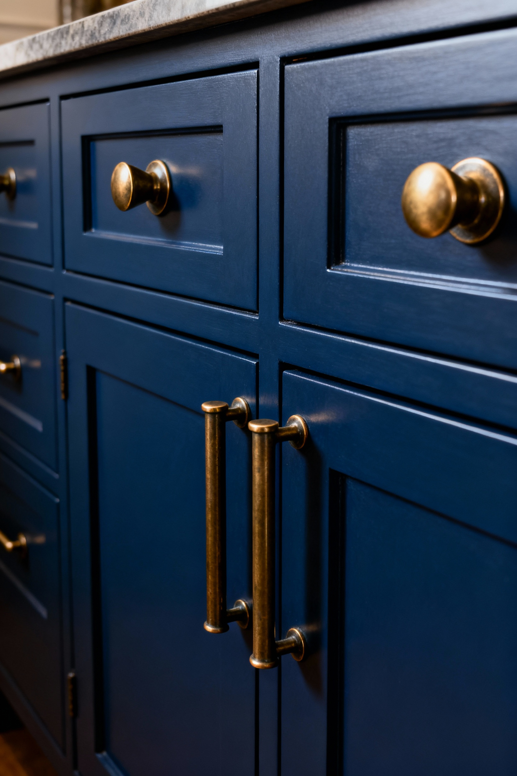 A close-up view of elegant aged brass cup pulls and T-bar handles on deep indigo blue Shaker-style kitchen cabinetry, showcasing the visual interest created by metallic accents in a professional setting.