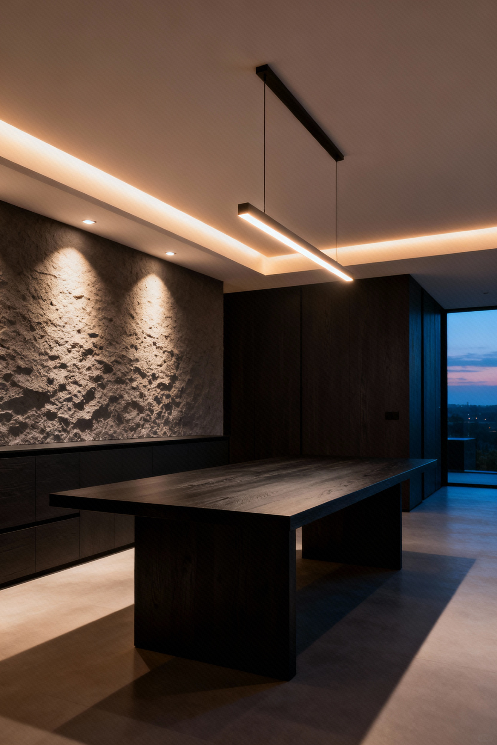 Modern dining room with minimalist lighting, featuring a linear pendant and recessed wall wash illumination, creating a serene and spacious ambiance.