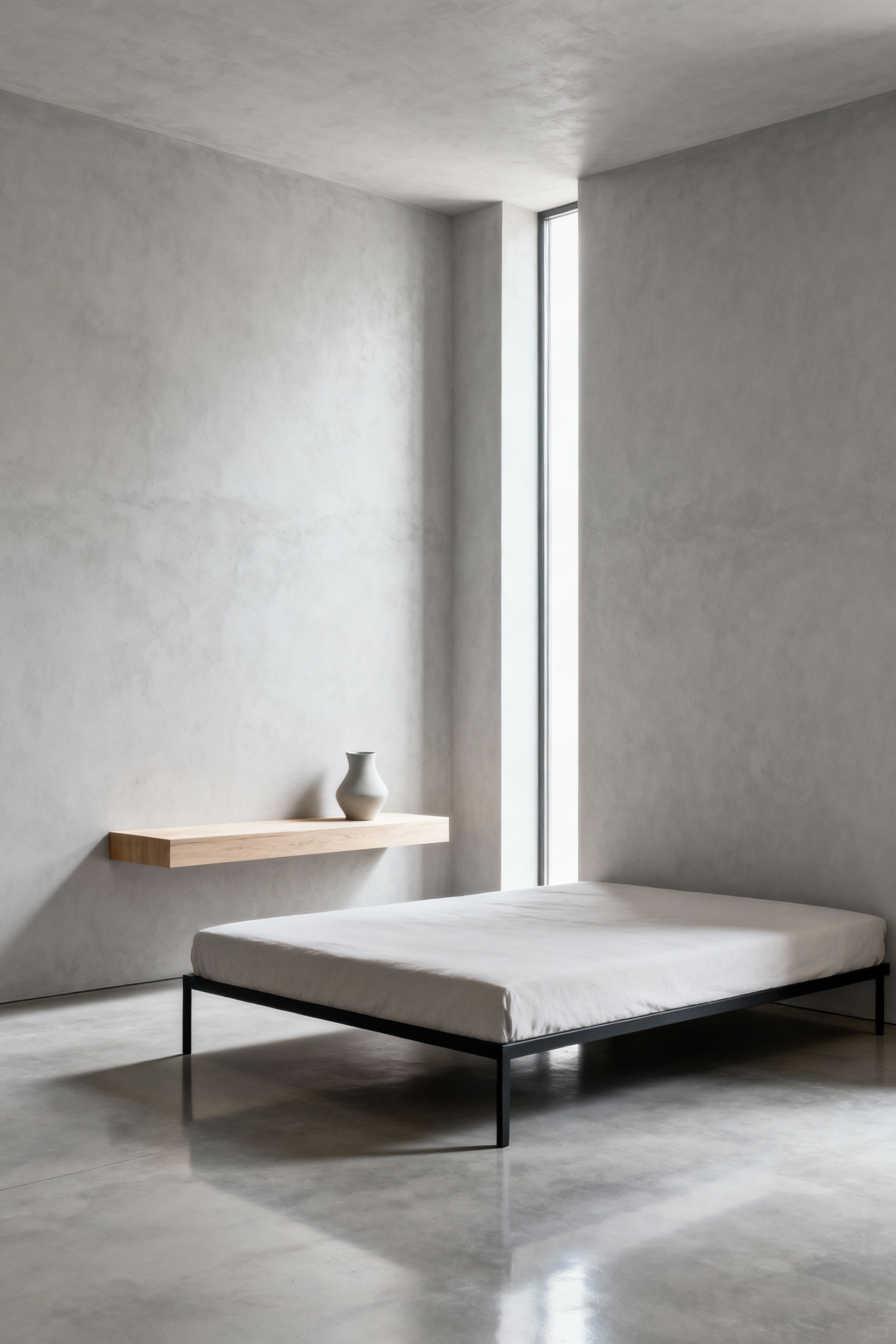 A minimalist small bedroom maximizing negative space with a platform bed on exposed legs and a floating bedside table against clean white walls.