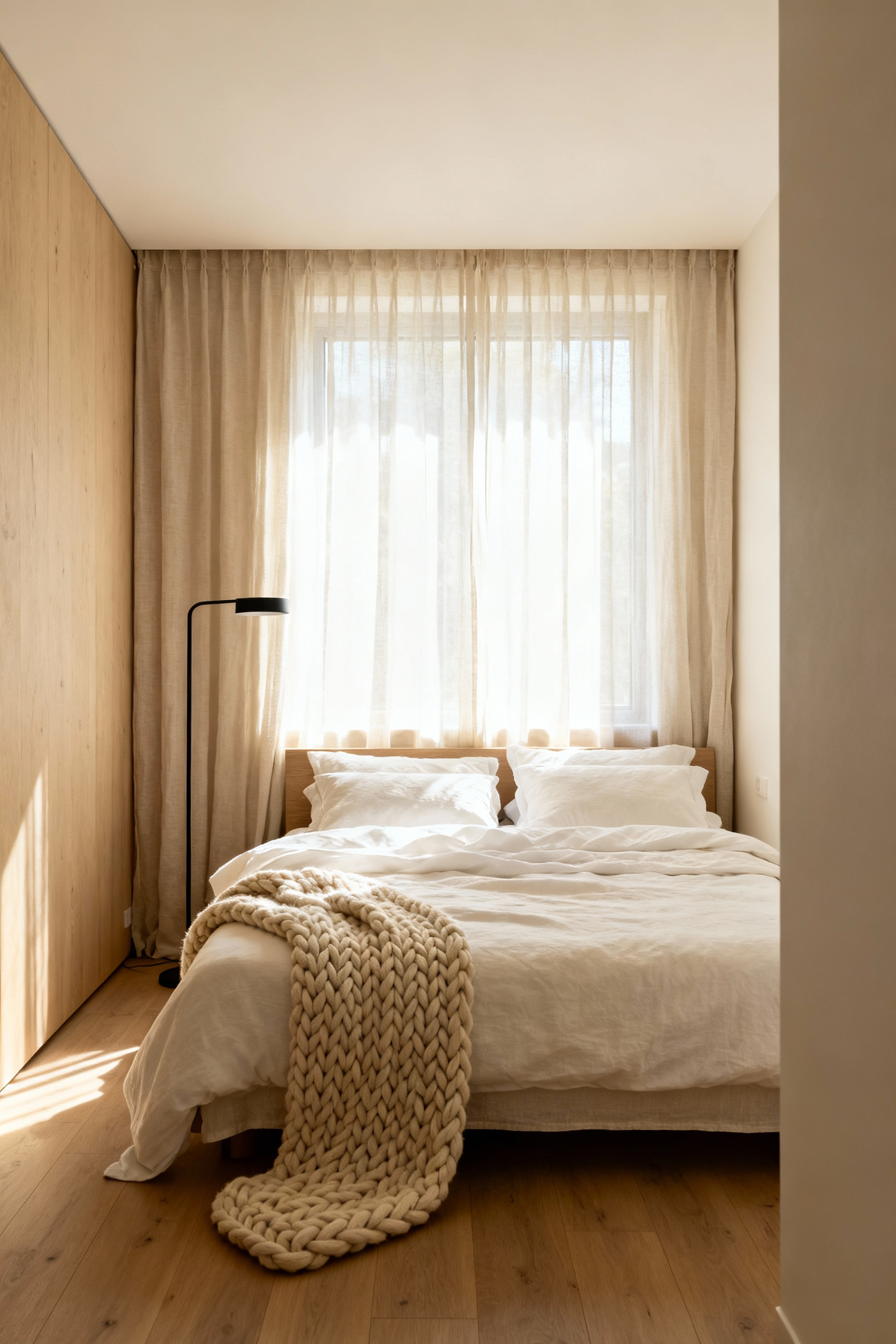 Small, minimalist bedroom featuring a bed with textured linen bedding, sheer curtains diffusing light, and a modern, slender black floor lamp.