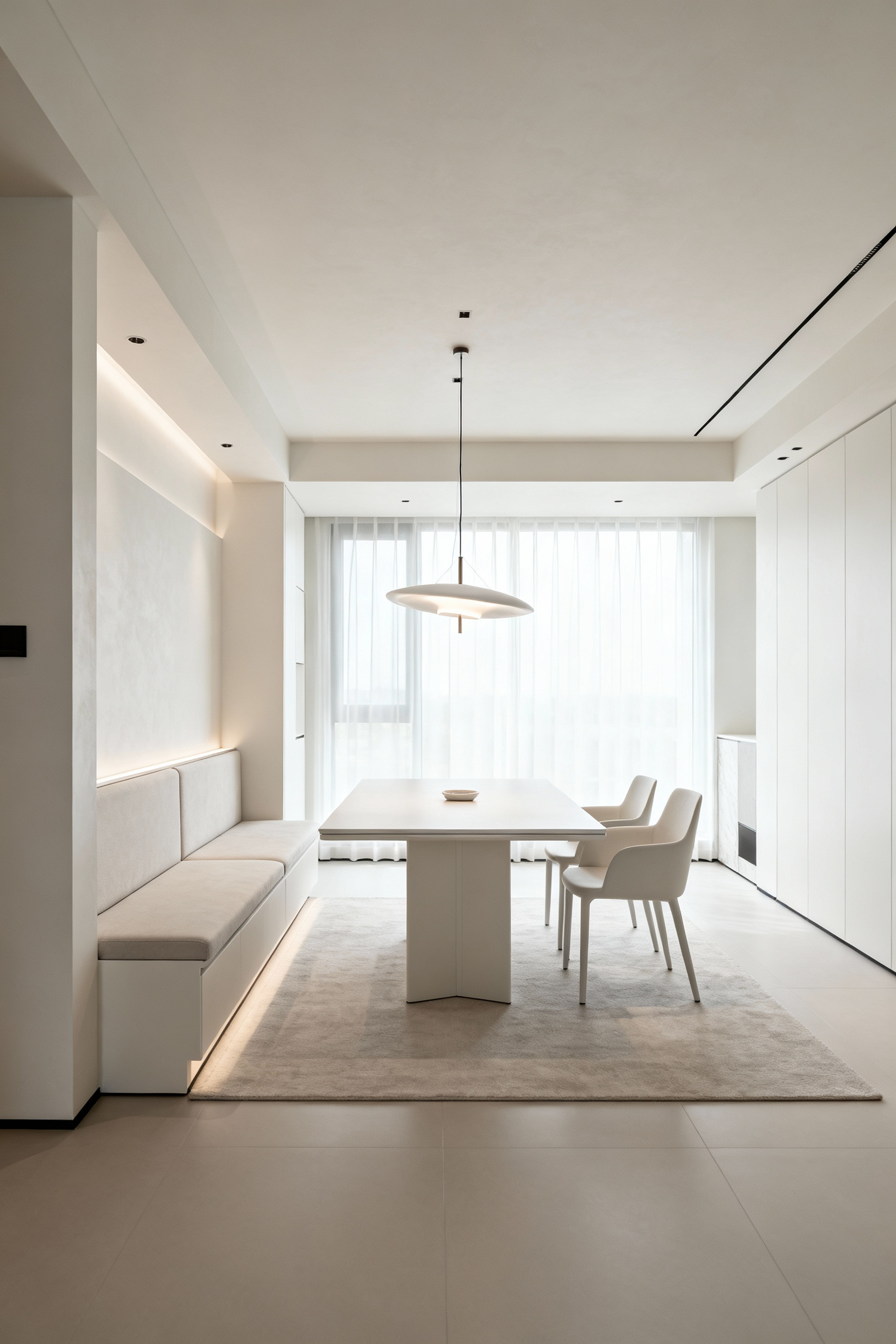 Modern dining room with optimized layout, featuring a large dining table, spacious circulation paths, and sleek, minimalist furniture, promoting open flow and elegant entertaining.