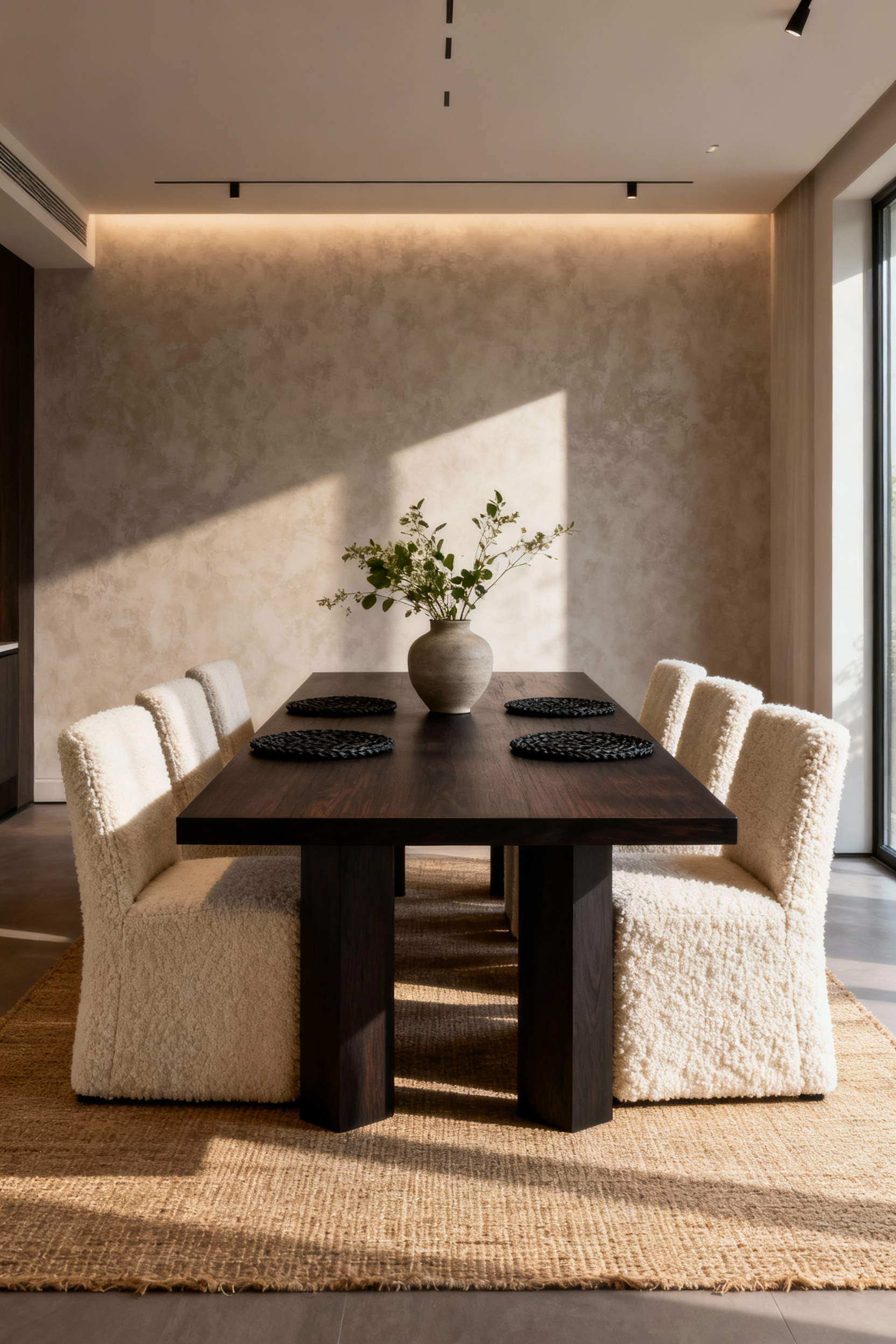 A modern dining room showcasing layered textures, featuring a sleek dark wood table, bouclé upholstered chairs, a natural fiber rug, and a matte ceramic vase, bathed in soft, diffused light, illustrating textural depth.