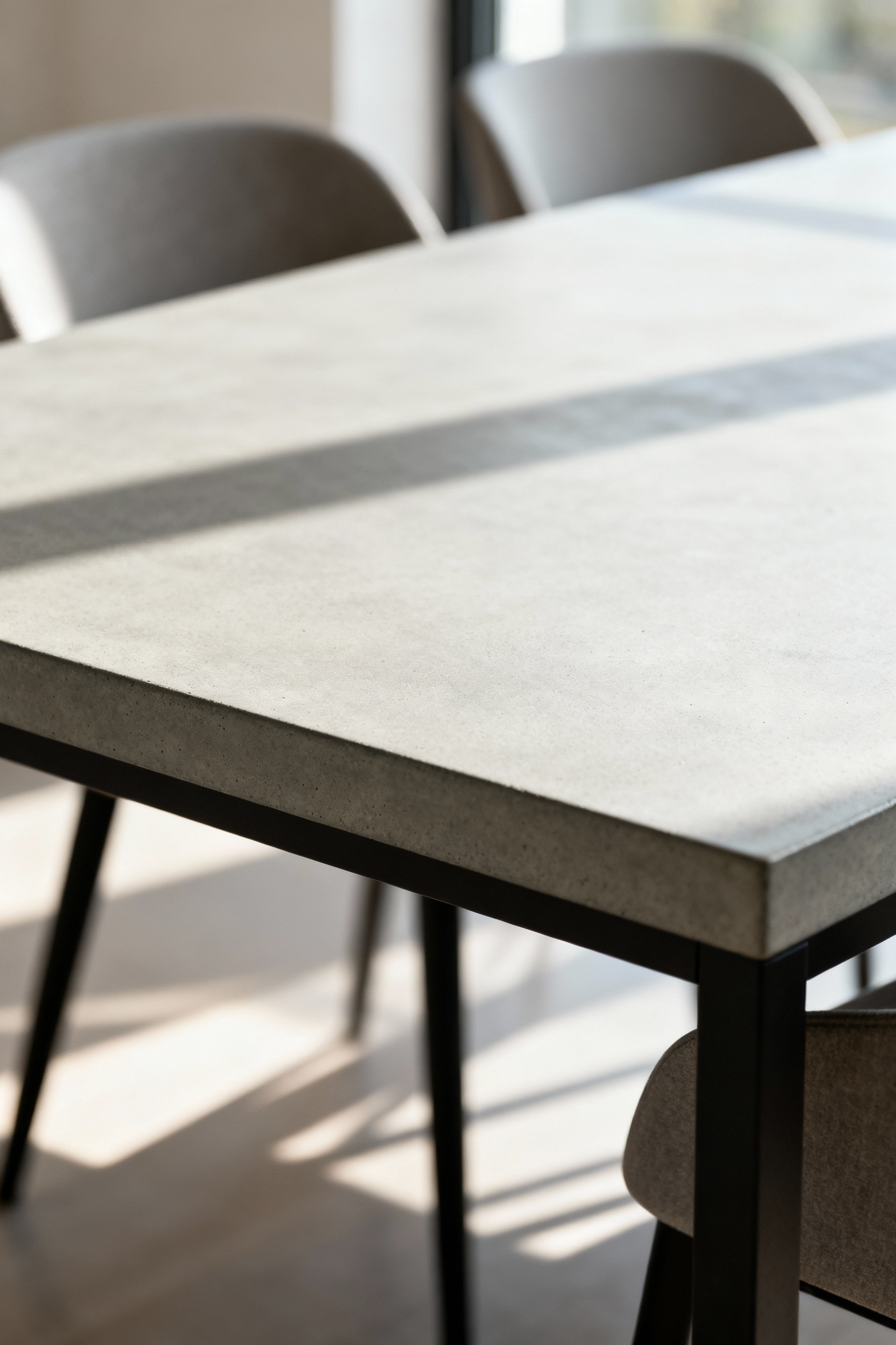 A professional photo of a minimalist modern dining table with an unadorned, durable matte concrete tabletop, set in a clean, sophisticated dining room.