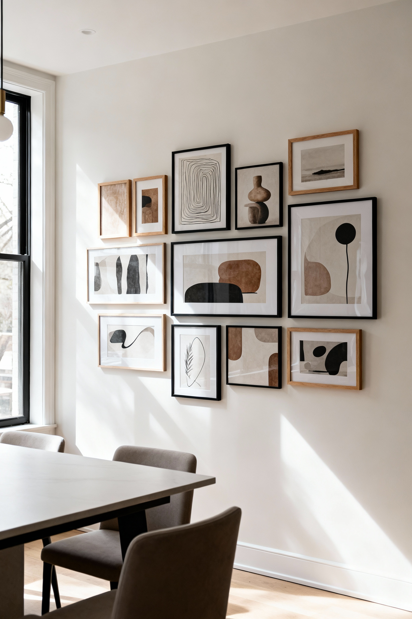 A sophisticated and cohesive modern gallery wall featuring abstract art in sleek frames, meticulously arranged with ample negative space in a contemporary dining room bathed in natural light.