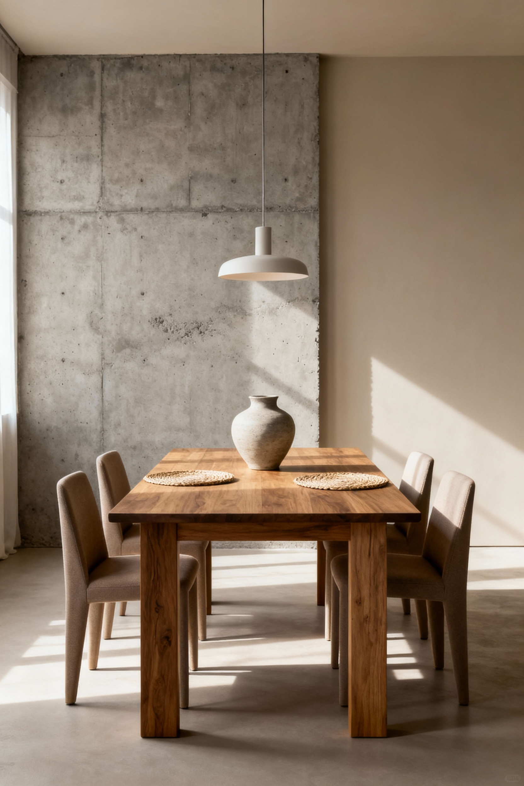 A minimalist modern dining room featuring an oak table, subtle chairs, a sleek pendant light, raw concrete wall, and natural textures, emphasizing spaciousness and the 'less is more' design approach.