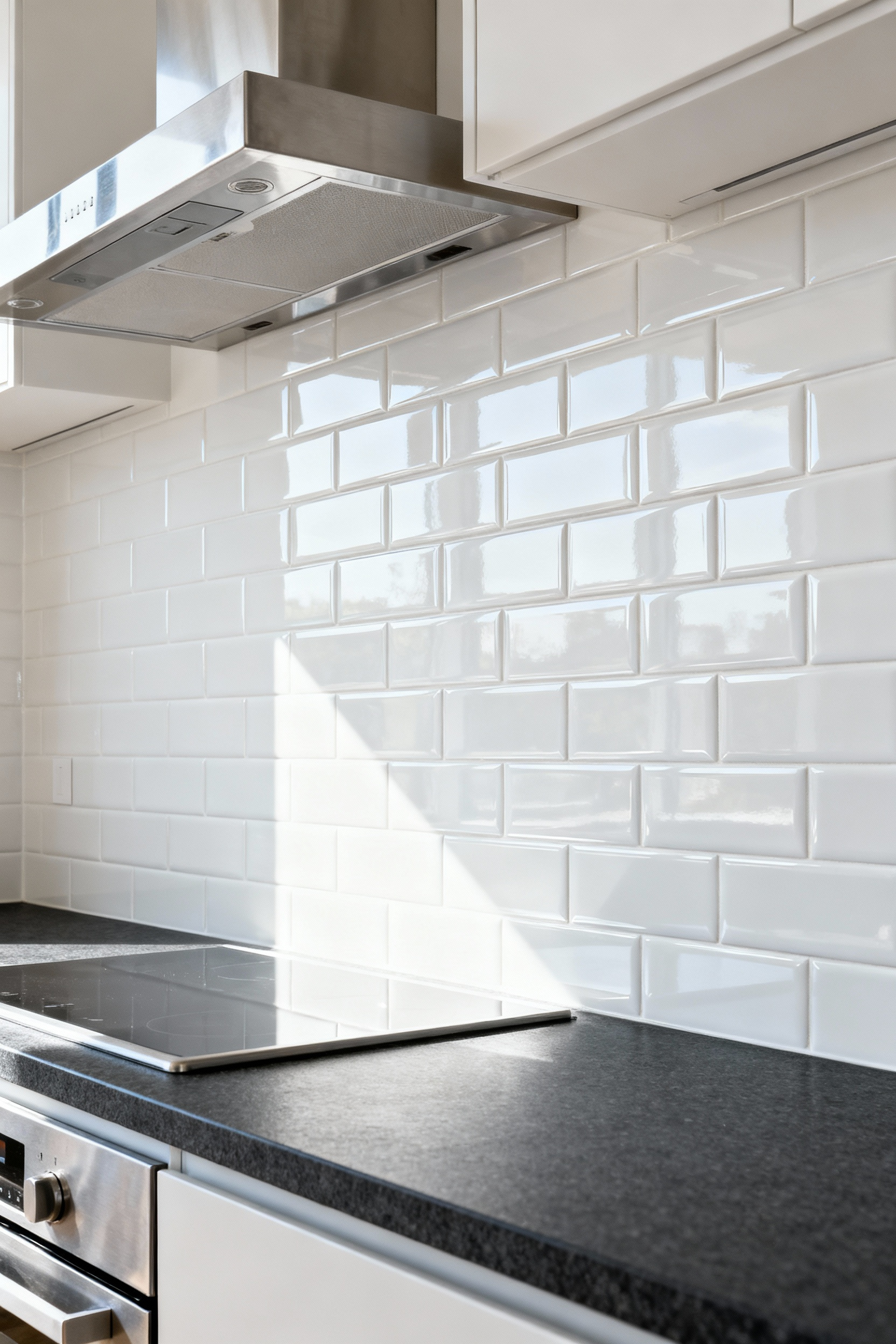 Bright white porcelain tile backsplash installed in a modern kitchen above a dark countertop, emphasizing durability and water resistance.
