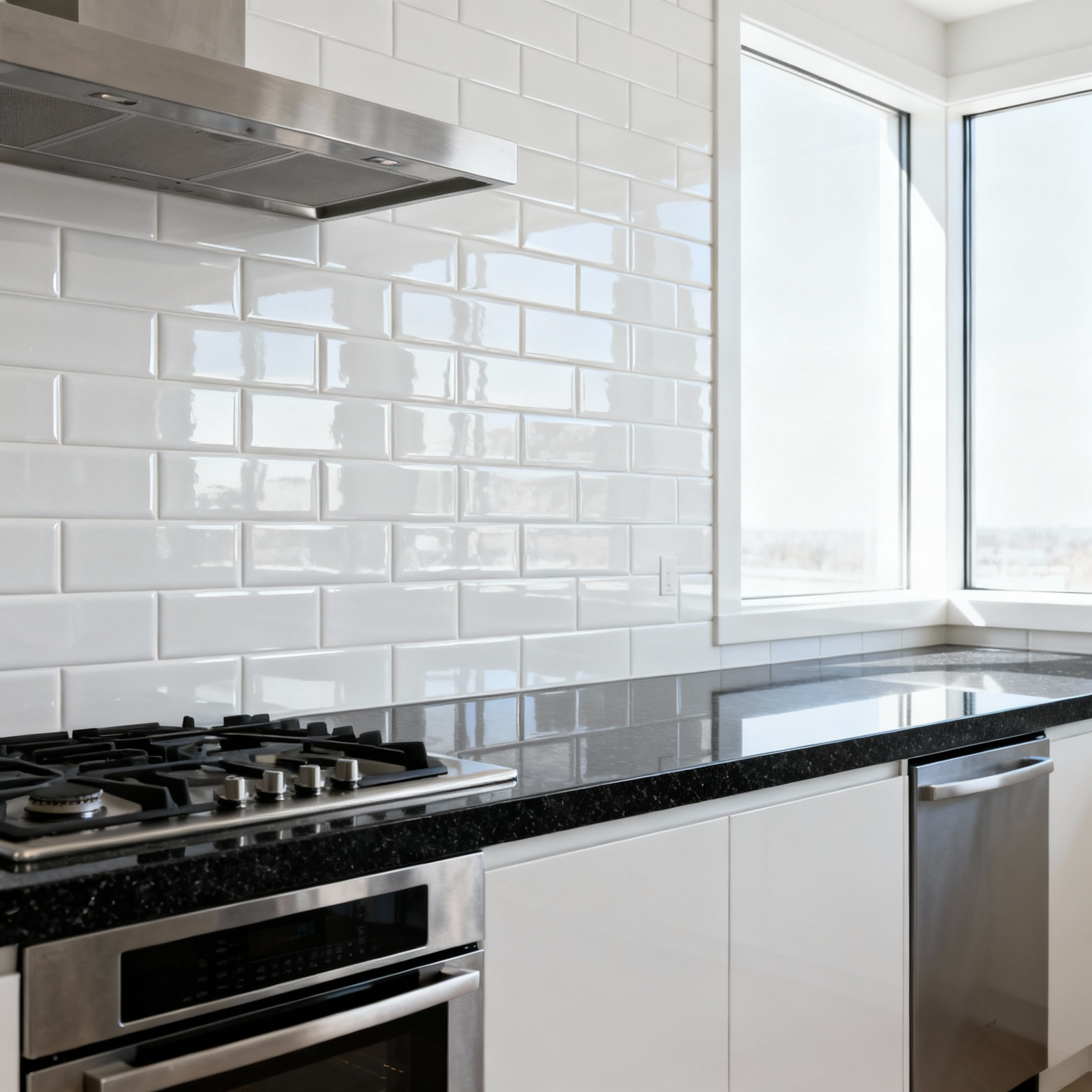 Bright white porcelain tile backsplash installed in a modern kitchen above a dark countertop, emphasizing durability and water resistance.