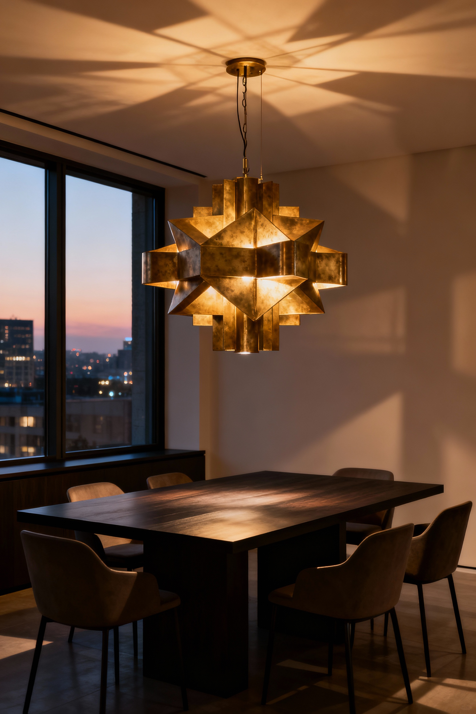 A modern dining room featuring a sleek, sculptural brass statement chandelier centered over a dark wood dining table, illustrating a contemporary focal point.