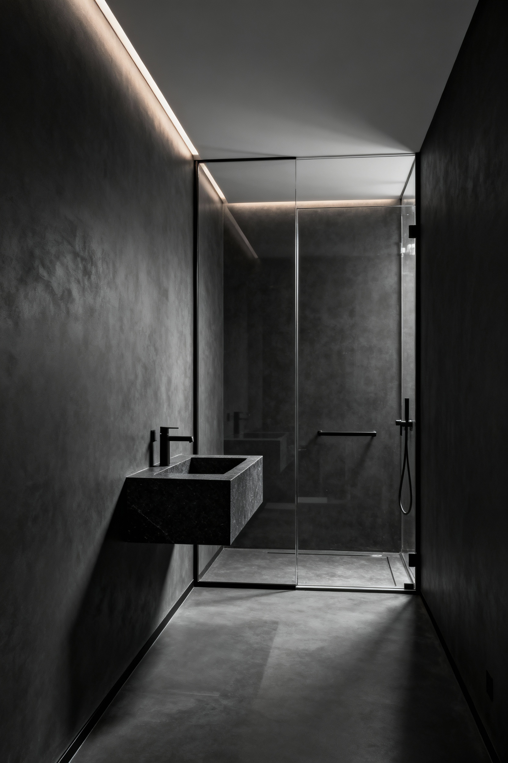 A luxury modern bathroom entirely painted in matte charcoal grey, illustrating monochromatic color blocking where the walls and ceiling dissolve visual boundaries to make the space appear continuous and significantly expansive.
