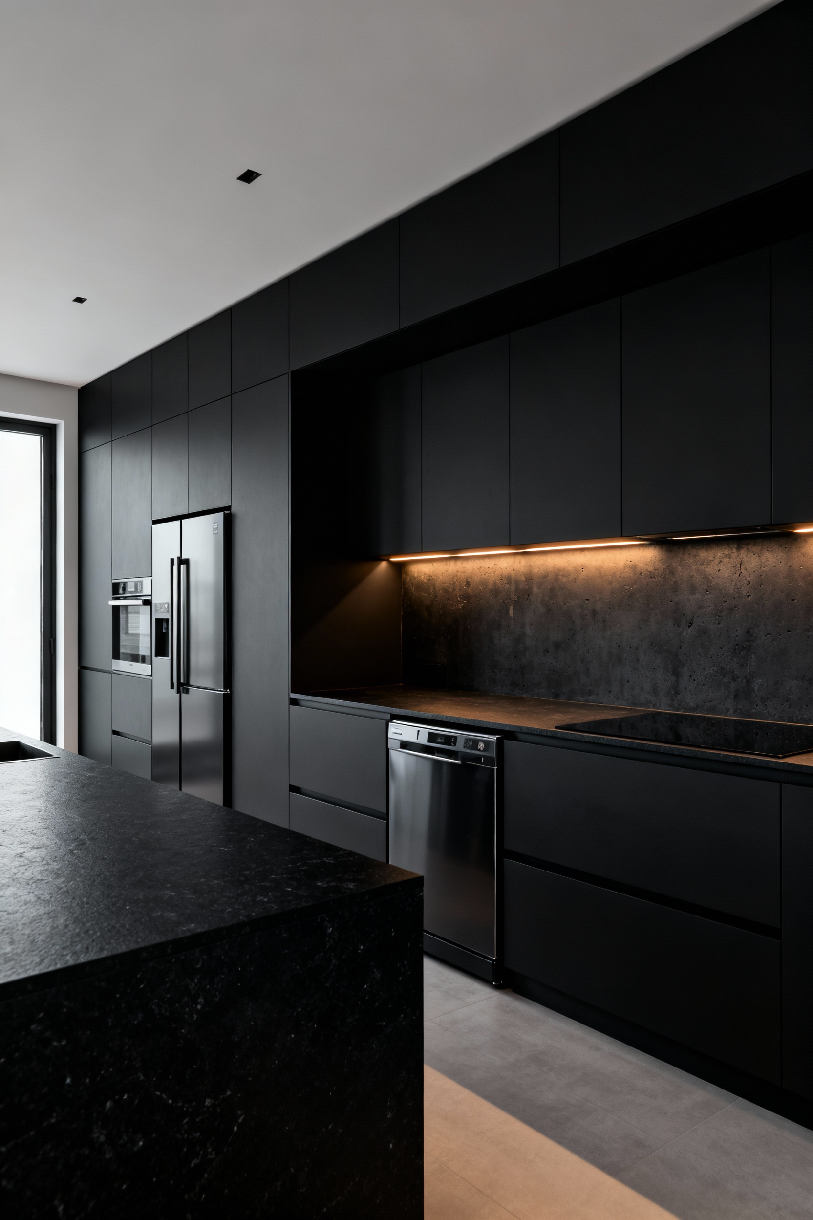 A full view of an ultra-modern kitchen featuring floor-to-ceiling matte black panel-ready cabinets, designed to create a seamless, monolithic architectural wall.