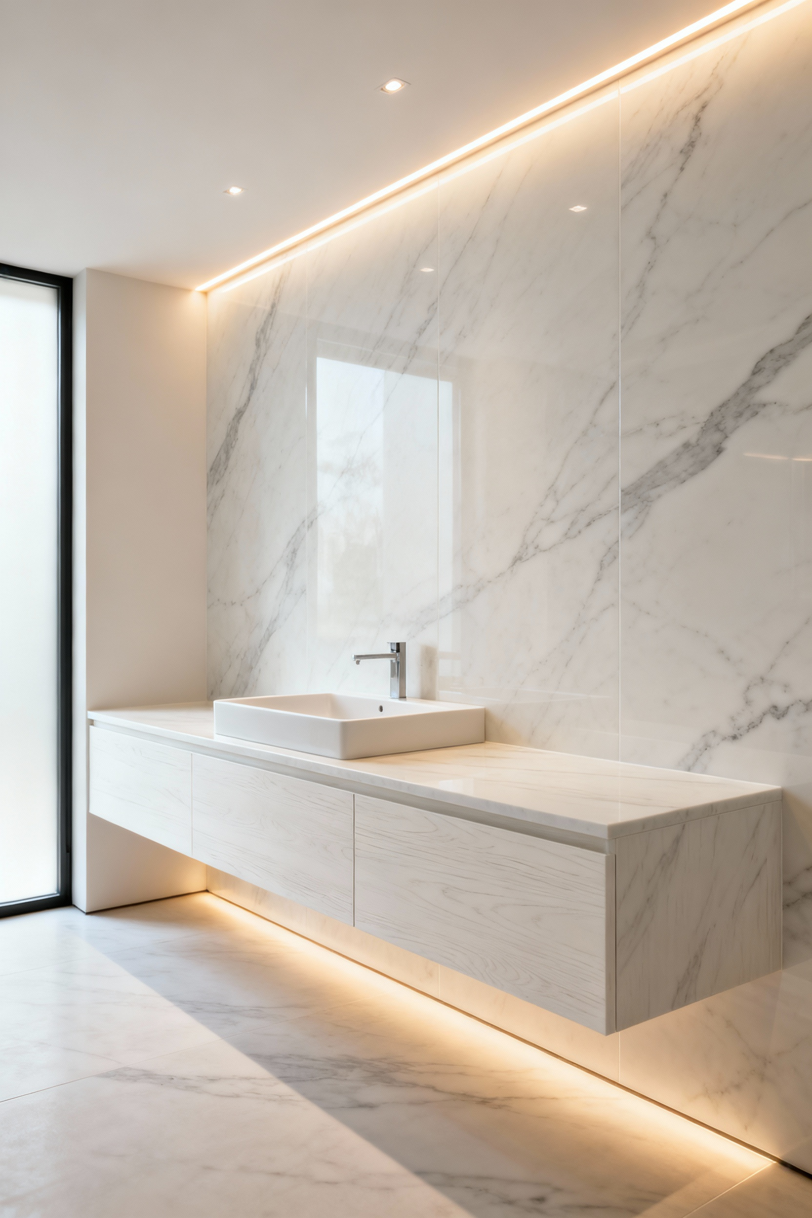 A hyper-realistic image of a modern urban bathroom featuring seamless large-format ivory porcelain slabs that create a monolithic, continuous surface behind a floating vanity.