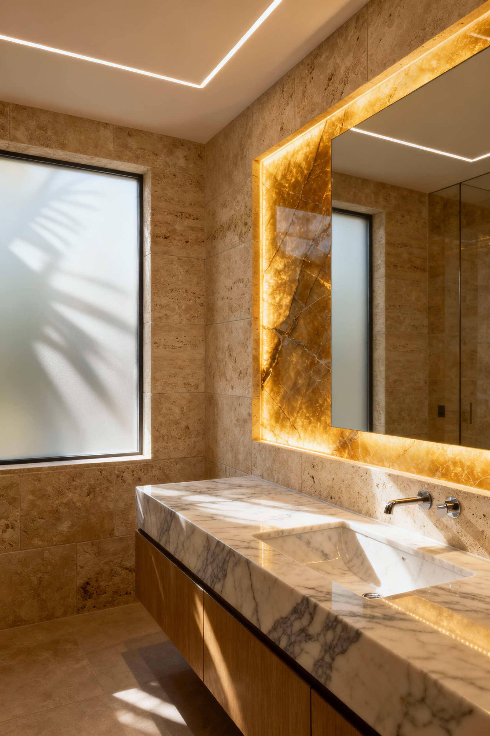 High-end bathroom interior with polished marble vanity, honed travertine walls, and a glowing backlit onyx feature panel, showcasing natural stone luxury.