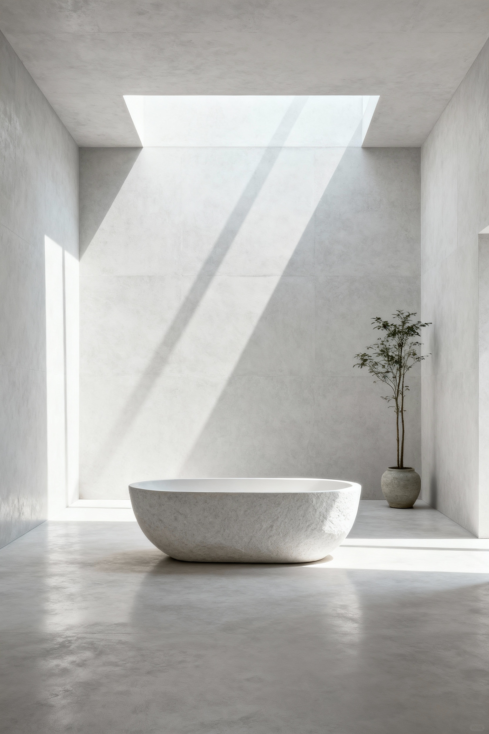 A luxury minimalist bathroom interior design showcasing a freestanding white stone soaking tub centered in a spacious, uncluttered room with grey concrete walls and flooring, emphasizing negative space and visual clarity.