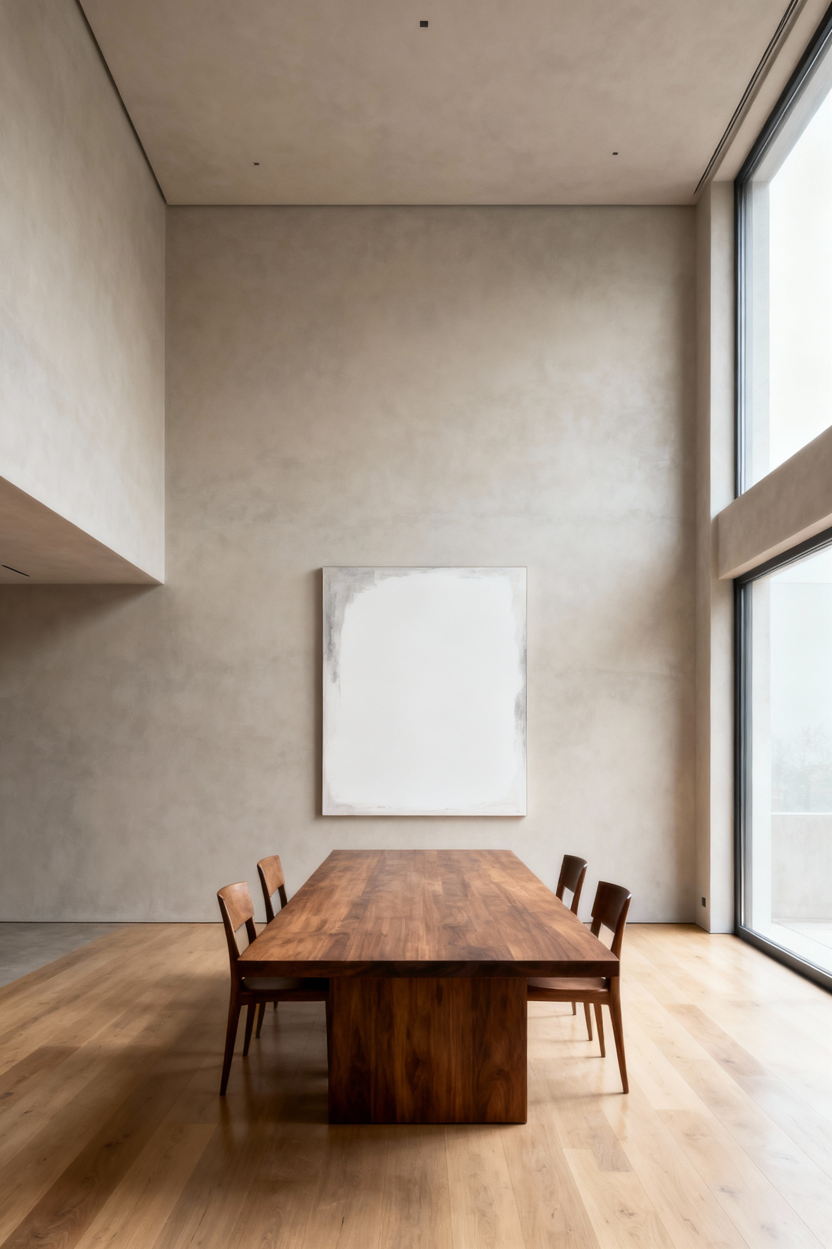 Minimalist modern dining room featuring ample negative space, elegant wood table, serene atmosphere, professional photo, no people.