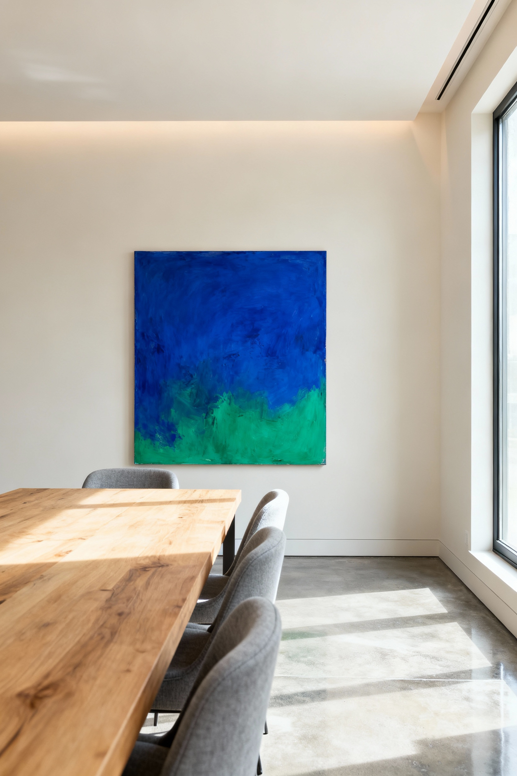 Modern dining room with neutral grey and off-white palette, polished concrete floor, natural wood table, and a large abstract painting with sapphire blue and emerald green color pop, under soft natural light.