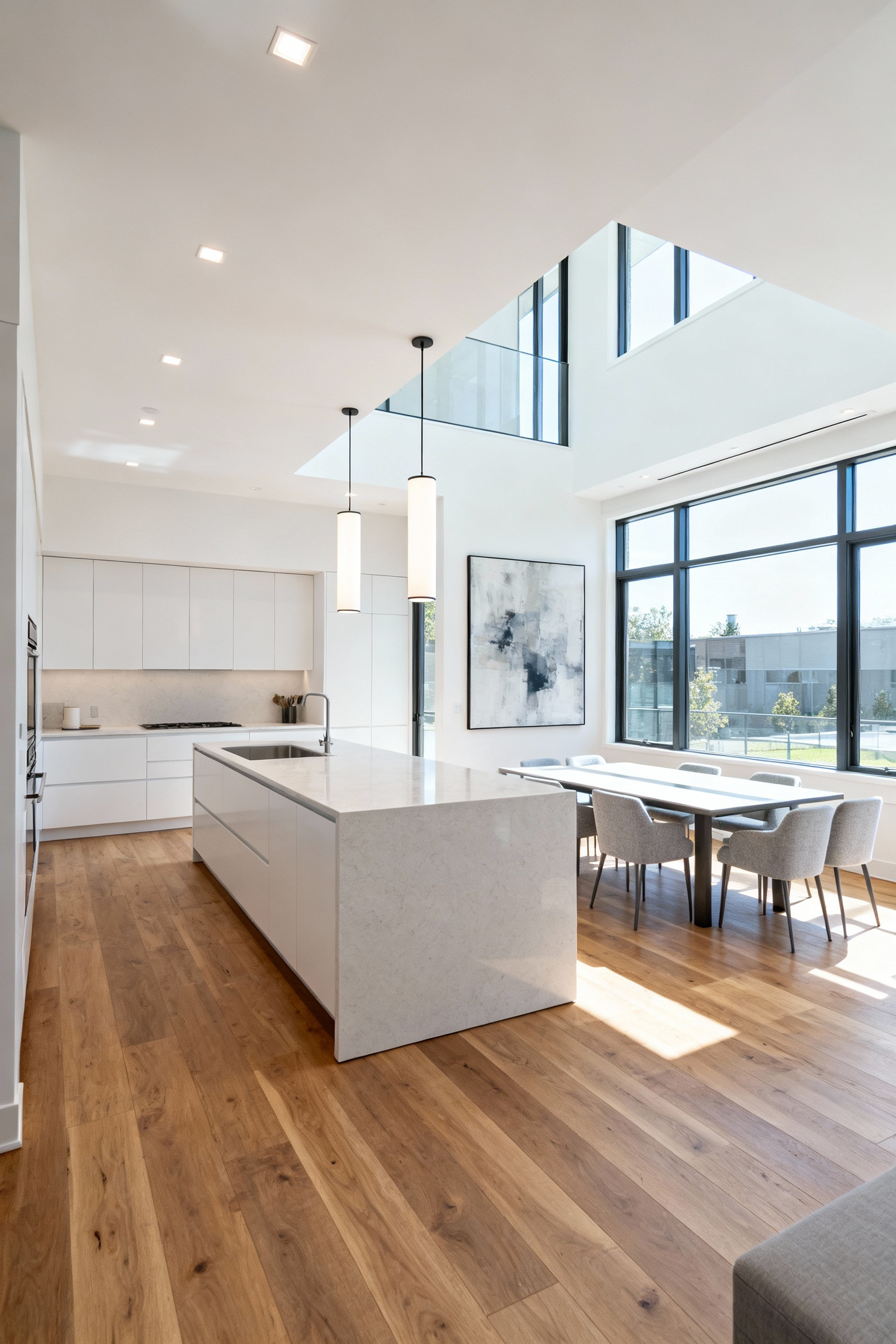 Professional photo of a modern open-concept kitchen and dining area with a seamless flow. Features include continuous wide-plank oak flooring, sleek white cabinetry, a minimalist kitchen island with quartz, a modern dining table, large windows with natural light, and matching pendant lighting creating a unified space.