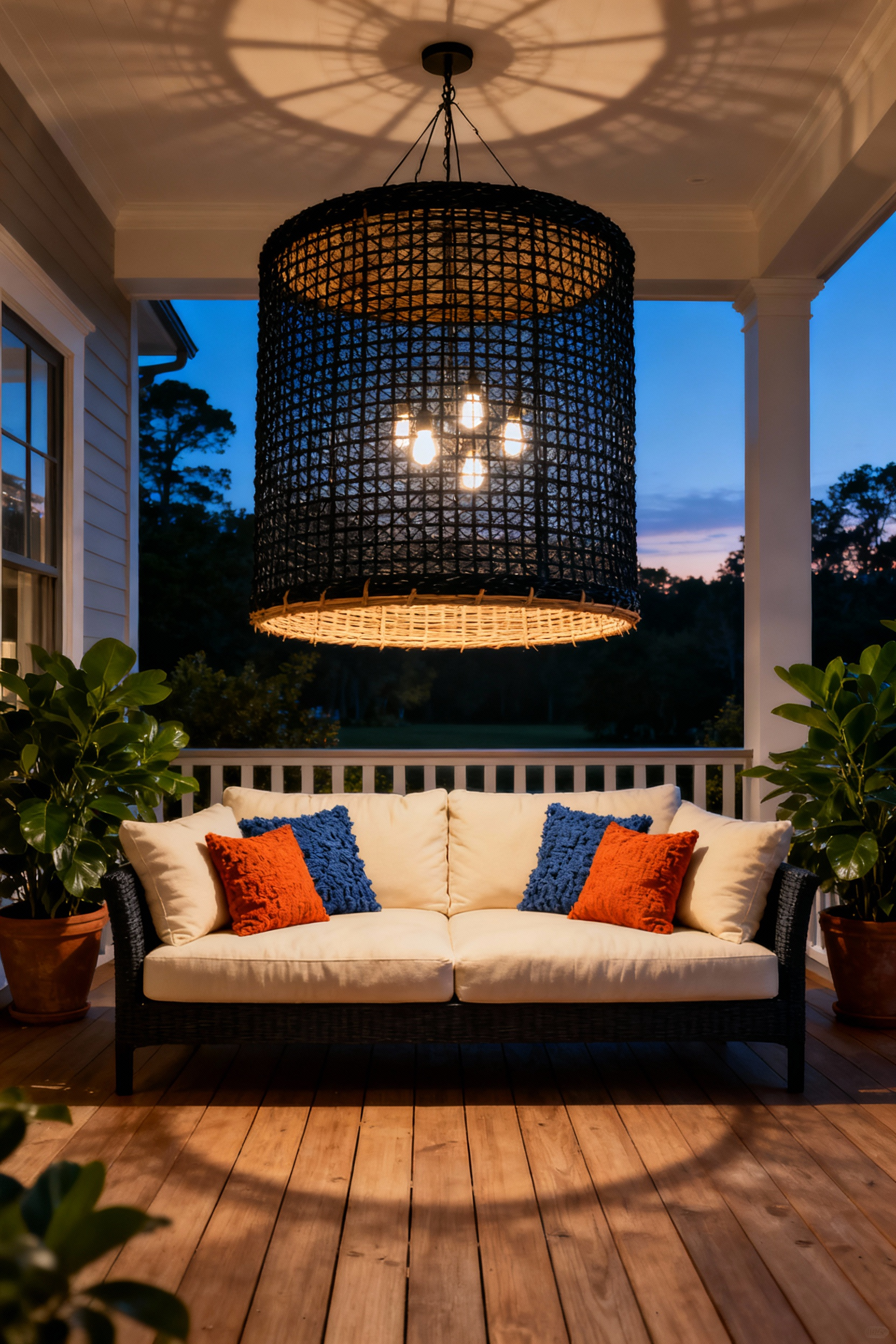 Oversized black woven sculptural chandelier anchoring a cream-cushioned seating area on a luxurious covered back porch at twilight.