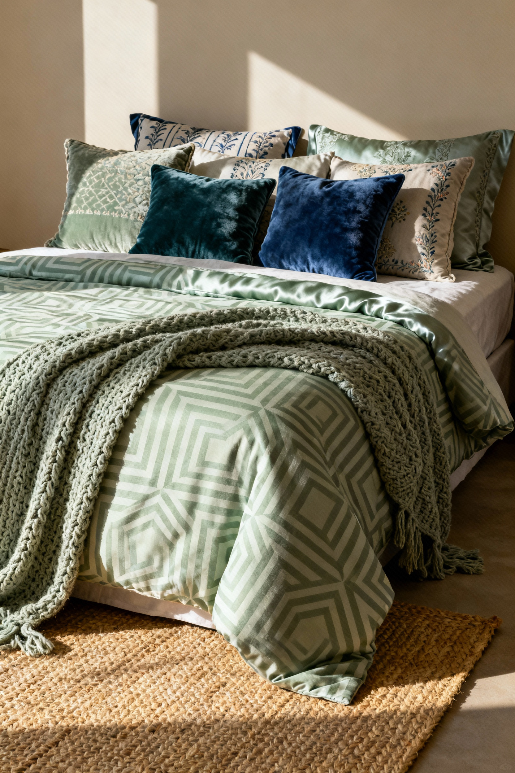 Bedroom featuring a bed styled with diverse patterns and contrasting textures, including a geometric duvet, knit throw, velvet pillows, and a jute rug, creating depth and dimension in a natural light setting.