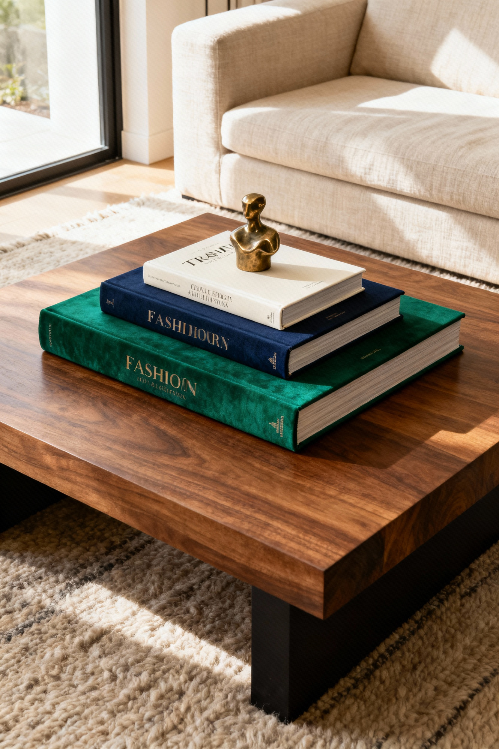 A high-angle photograph showcasing a curated coffee table book stack, arranged from largest to smallest, featuring three art and travel volumes whose cover colors harmonize with the elegant living room decor.