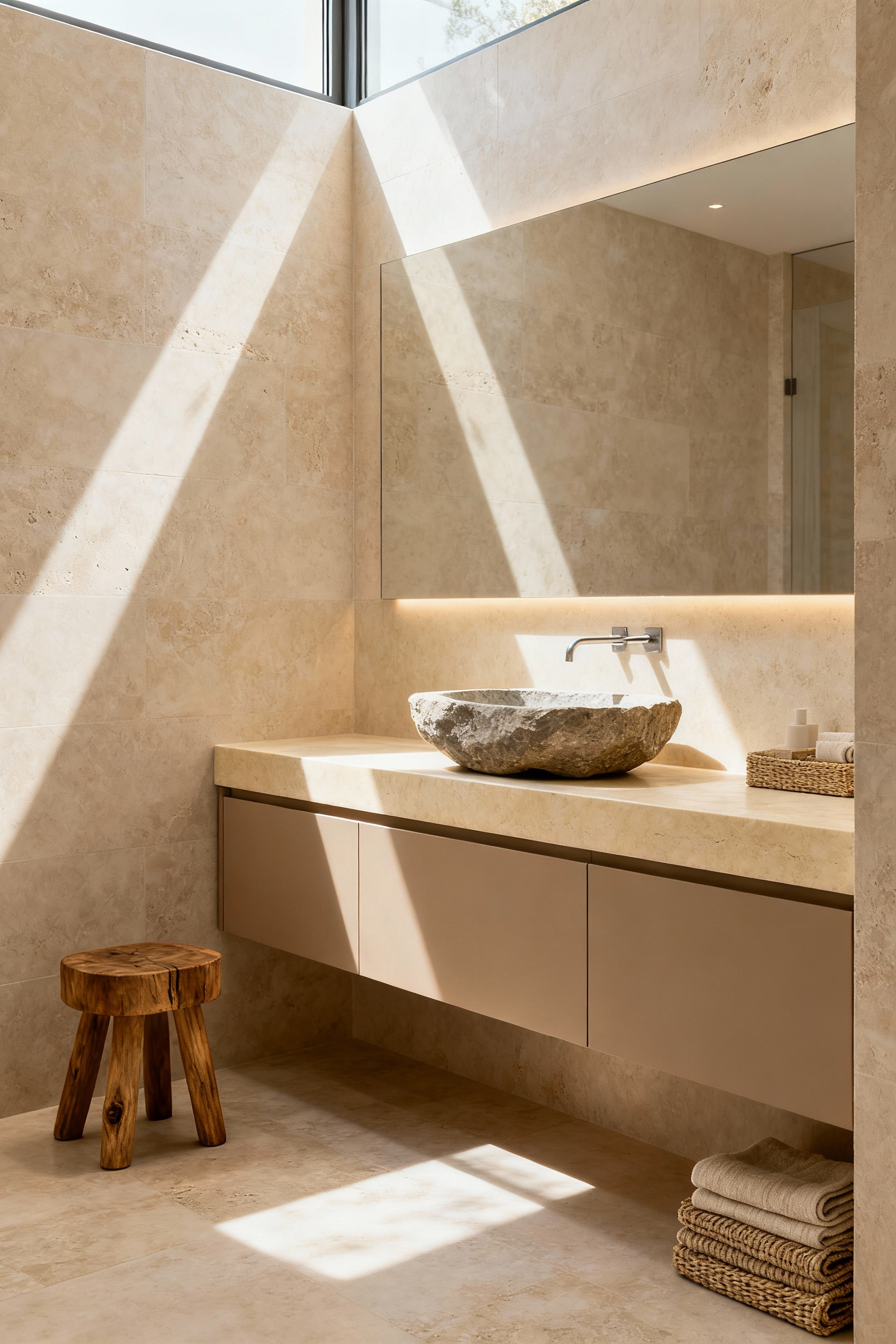 Detailed view of a modern quiet opulence bathroom featuring a warm neutral palette, creamy limestone countertops, sandy taupe floating cabinets, and a rough, organic stone vessel sink emphasizing natural textures.